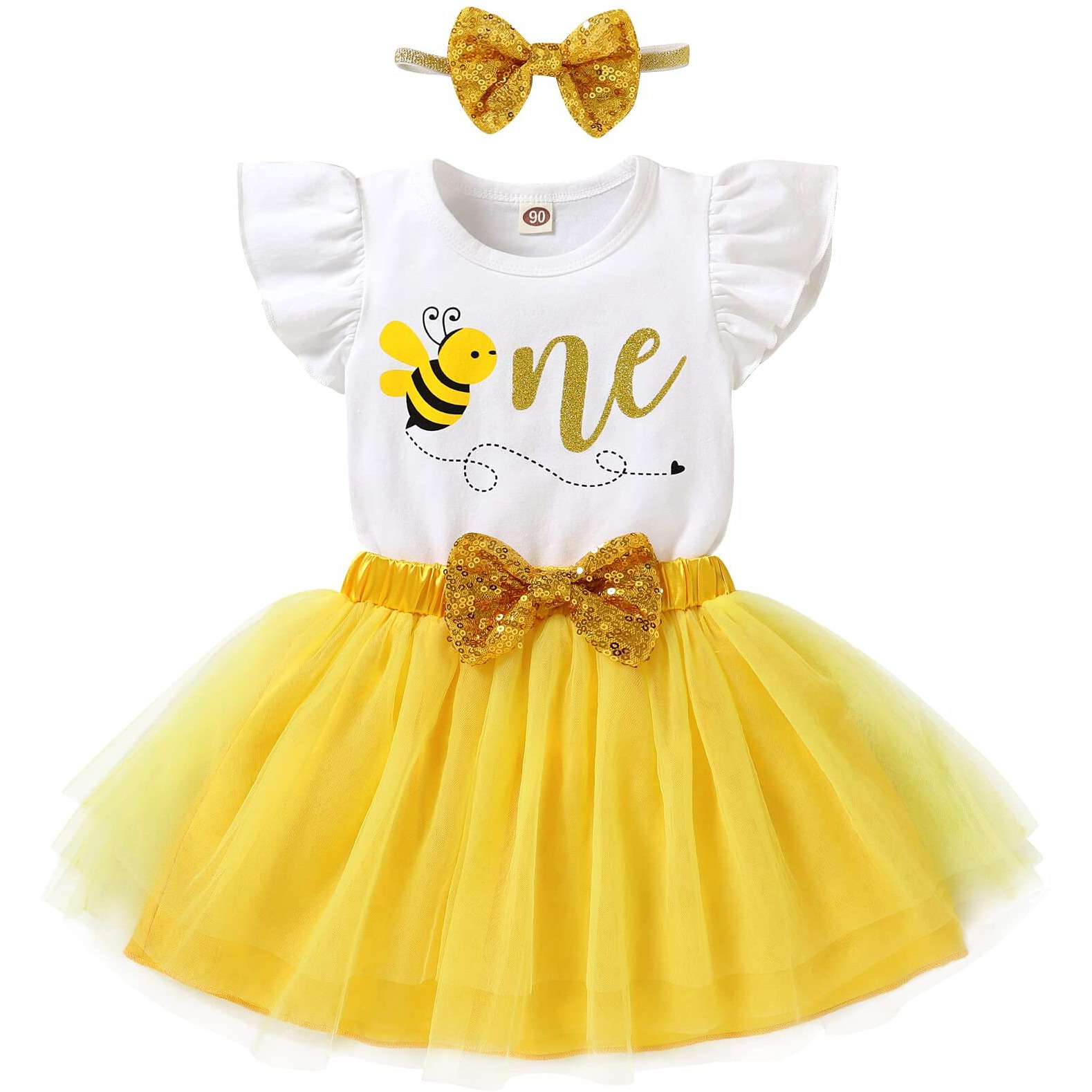 Happyma Baby Girls One 1St Birthday Outfit Bee Romper Tulle Tutu Skirt Sequin Bow Party Clothes Set White Yellow 6-12 Months