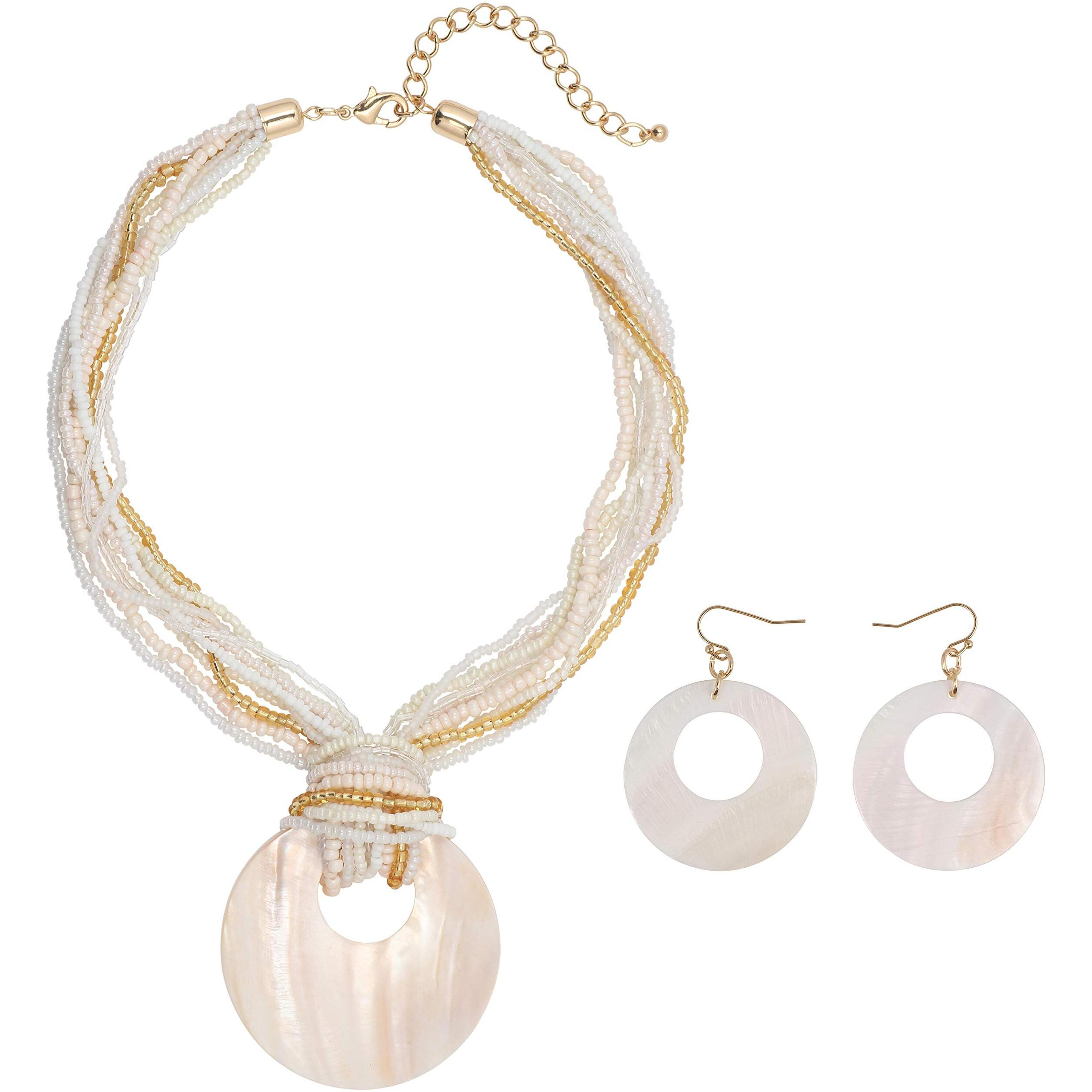 Coiris Multi Strand Statement Colorful Beaded Necklace Earrings Set With Big Circle Shell Pendant For Women (N0055-Natural)