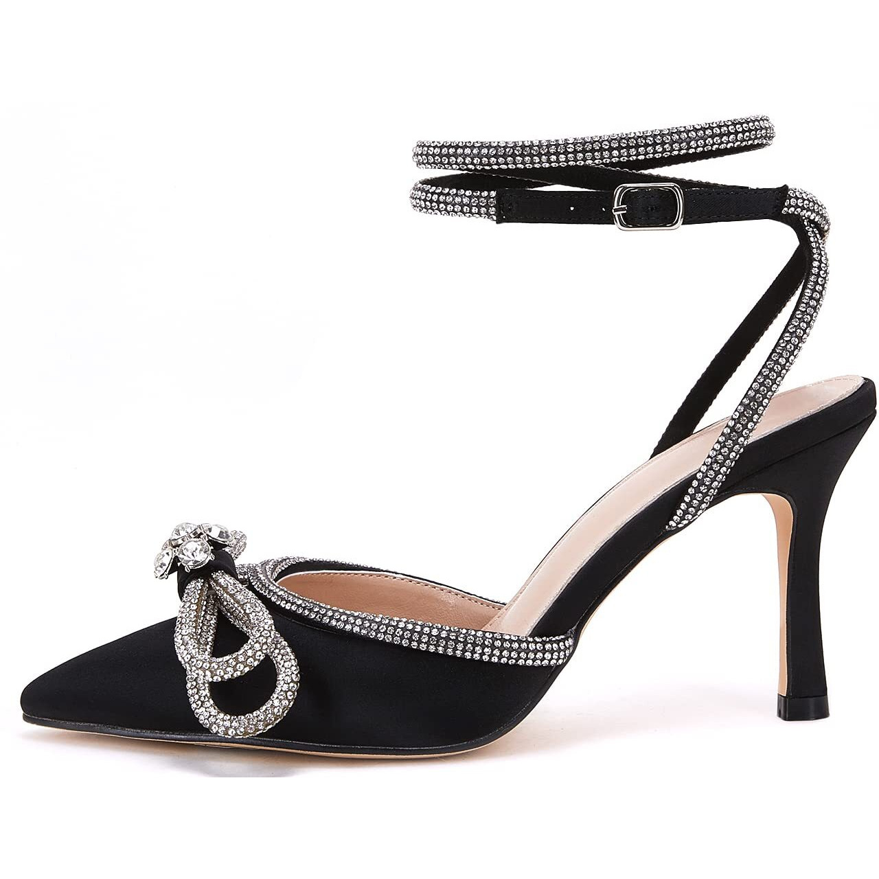 Vetaste Women's Double Bow Pointed Toe Ankle Strap Crystal Pumps Wedding Bridal Party Stilettos Backless Satin Heeled Sandals