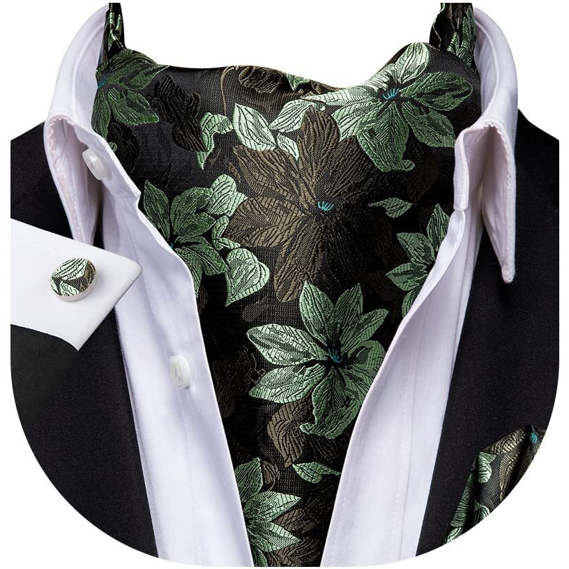 Dubulle Sage Green Floral Ascot Woven Mens Dark Green Mens Cravat Pocket Square Cufflinks Set