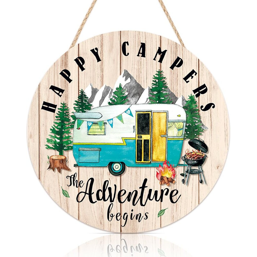 Toarti Happy Campers Wood Hanging Sign Plaque  Summer Outdoor Adventure Quote Wooden Door Hanger  Round Tent Camping Wall Art For Campers Travel Home Garden Decor (12''X12'')