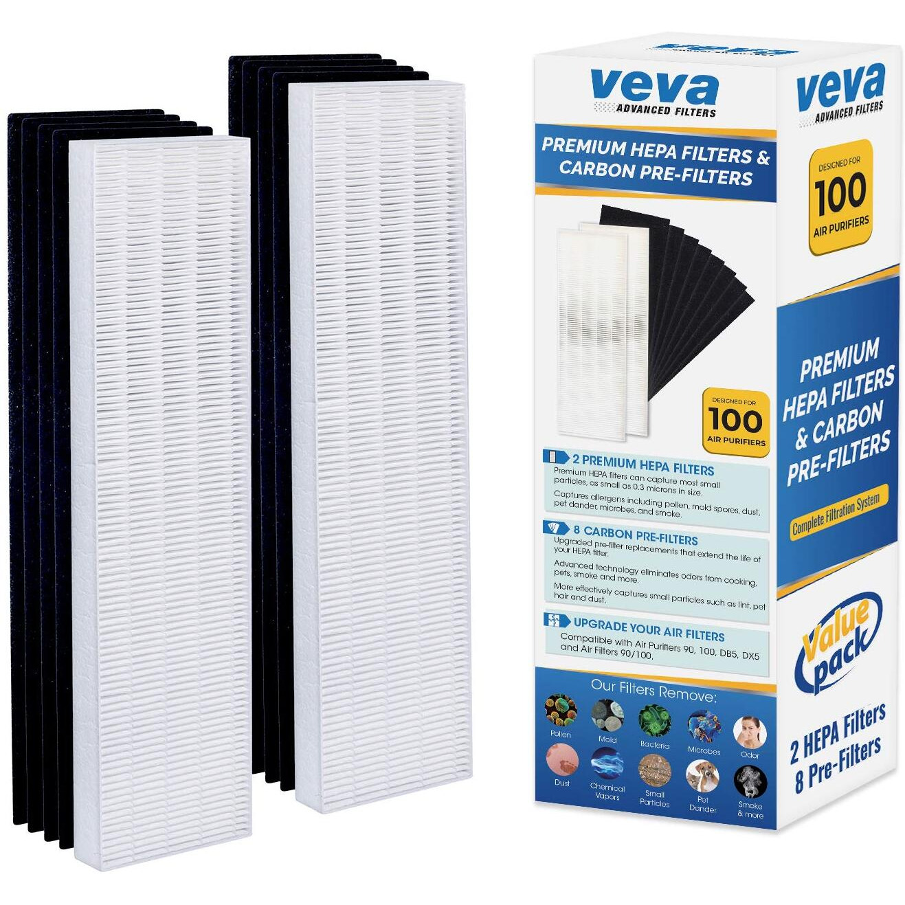 Veva Premium 2 Hepa Filter With 8 Activated Carbon Pre Filters Compatible With Fellowes Aeramax Air Purifier 90  100  90/100  Dx5 & Db5 9287001 9324001