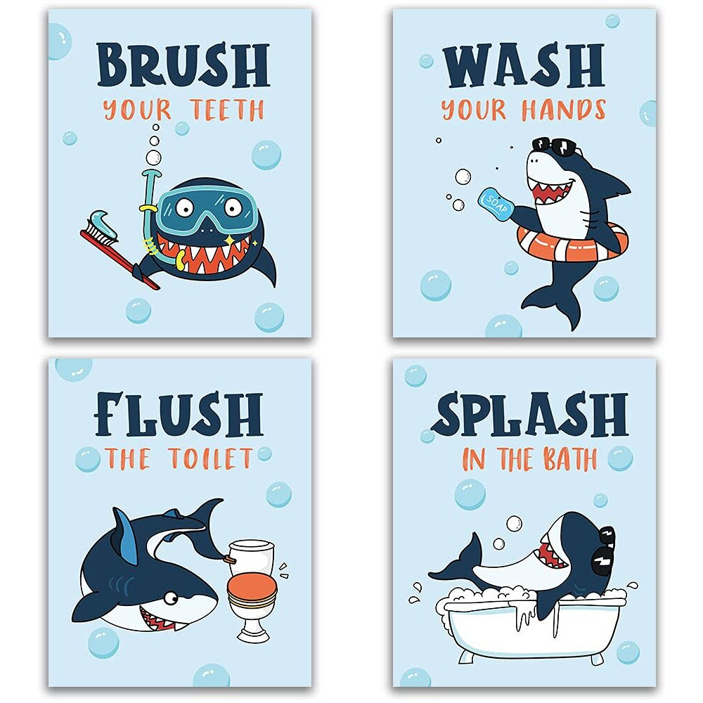Iiiluyot Funny Shark Bathroom Decor Rules  Novelty Sea Critters Bathroom Rules Wall Art For Kids  Girls Boys  Nursery  Wash Brush Flush Wall Art Prints  4Set 8X10 Unframed