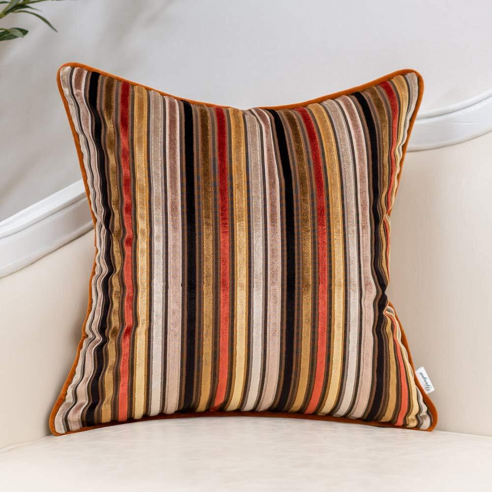 Yangest Orange Striped Velvet Throw Pillow Cover Multicolor Textured Boho Cushion Case Modern Zippered Pillowcase For Sofa Couch Bedroom Living Room Home Christmas Decoration 18X18 Inch