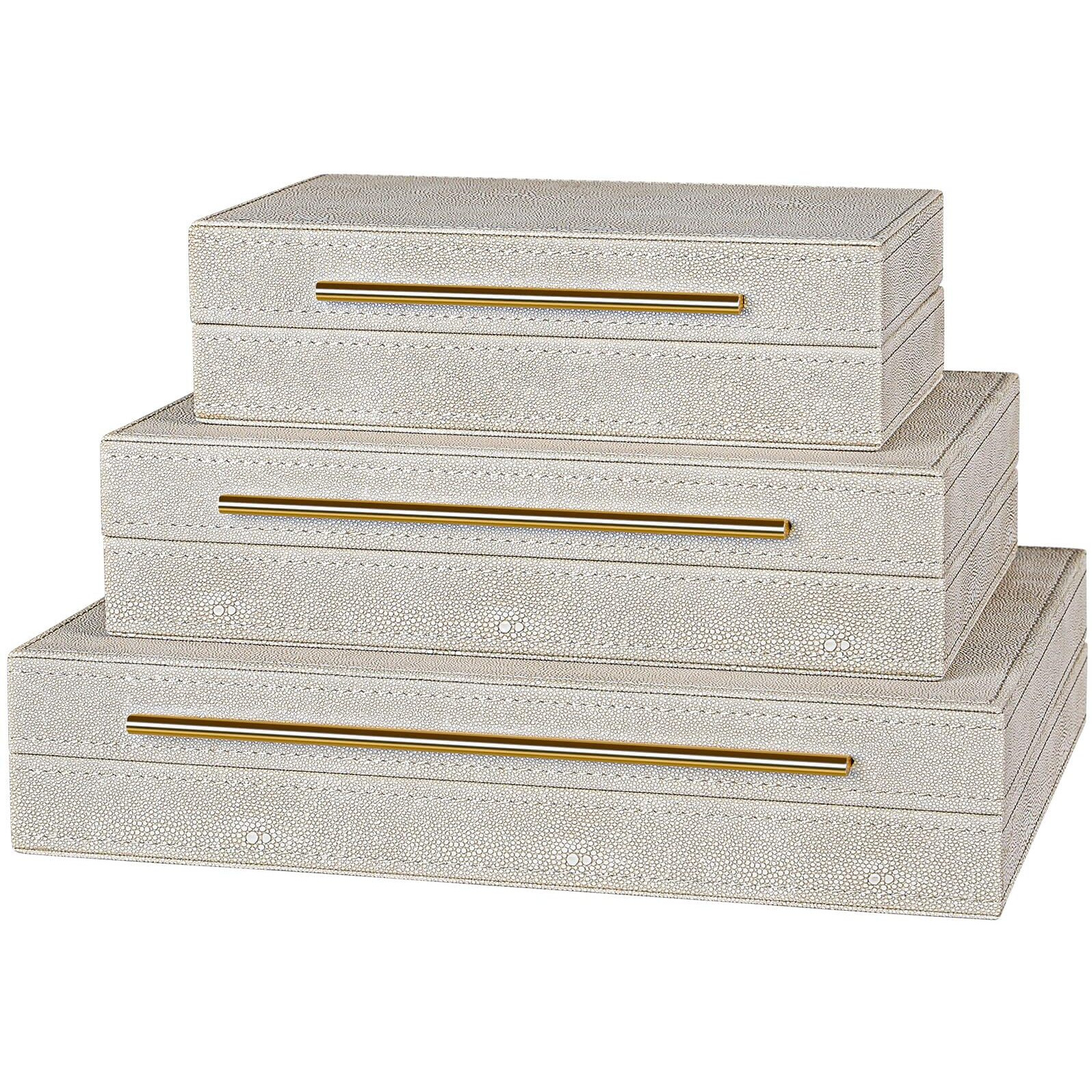 Elegant Set Of 3 Ivory Shagreen Decorative Boxes With Velvet Lining And Golden Handles - Versatile Home Decor And Jewelry Organizer