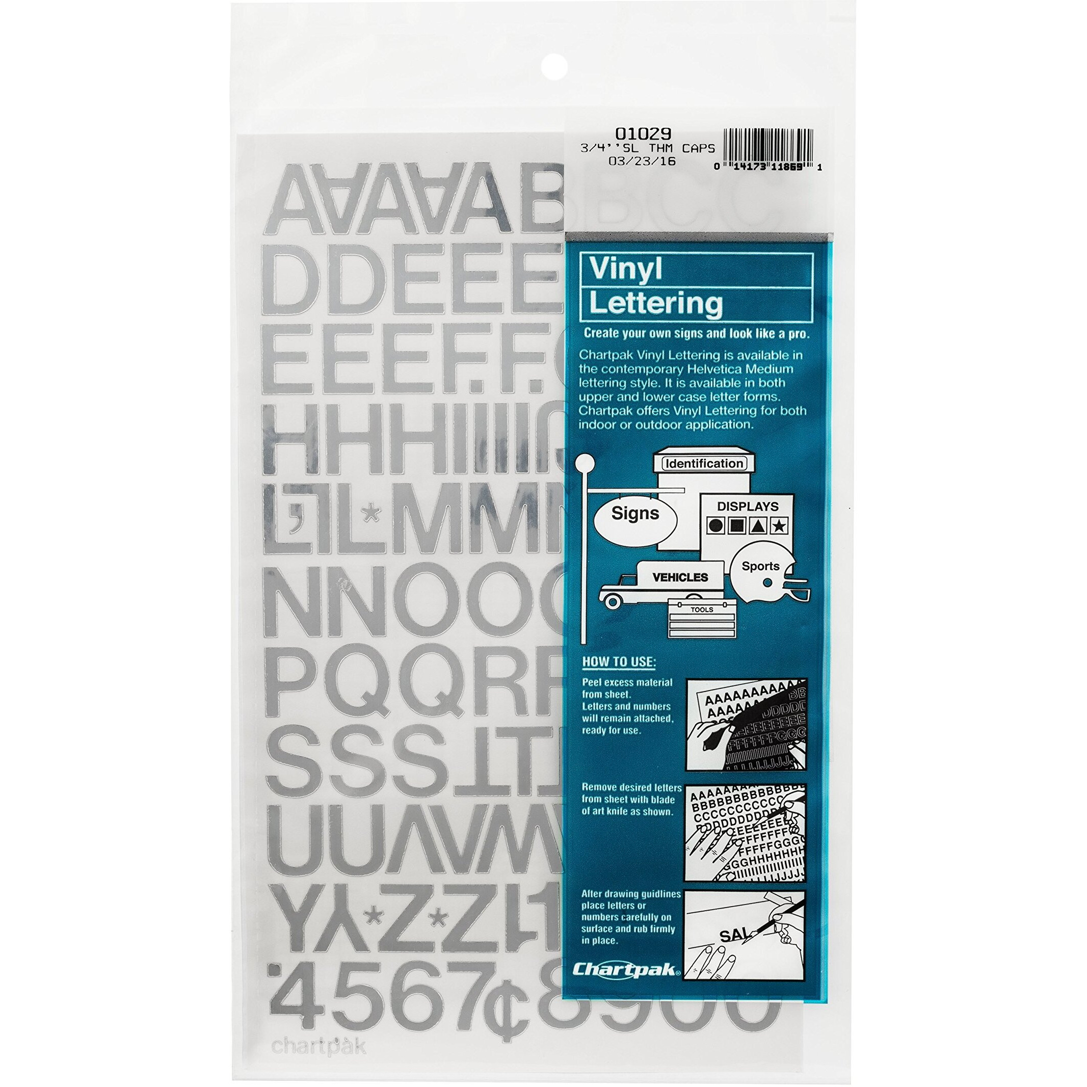 Chartpak Self-Adhesive Vinyl Capital Letters And Numbers  3/4 Inches High  Silver  94 Per Pack (01029)