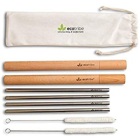 Ecotribe 4 Reusable Metal Straws With Portable Case - Stainless Steel  8.5 - Eco-Friendly Drinking Straw Set With 2 Cleaning Brushes & Travel Bag