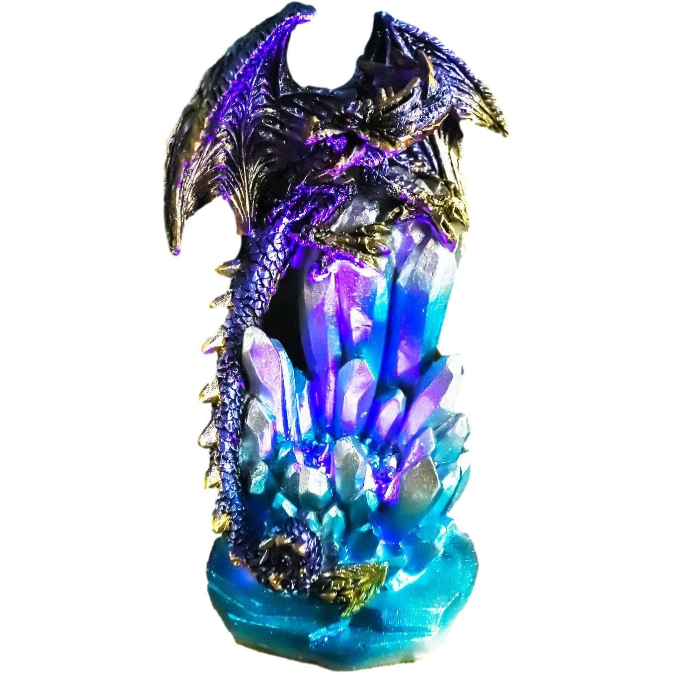 Ebros 6.25"" Tall Purple And Gold Cosmic Galaxy Dragon On Blue Crystal Stalactite Rock Statue With Led Night Light Feature As Dungeons And Dragons Fantasy Decor Accent Figurine