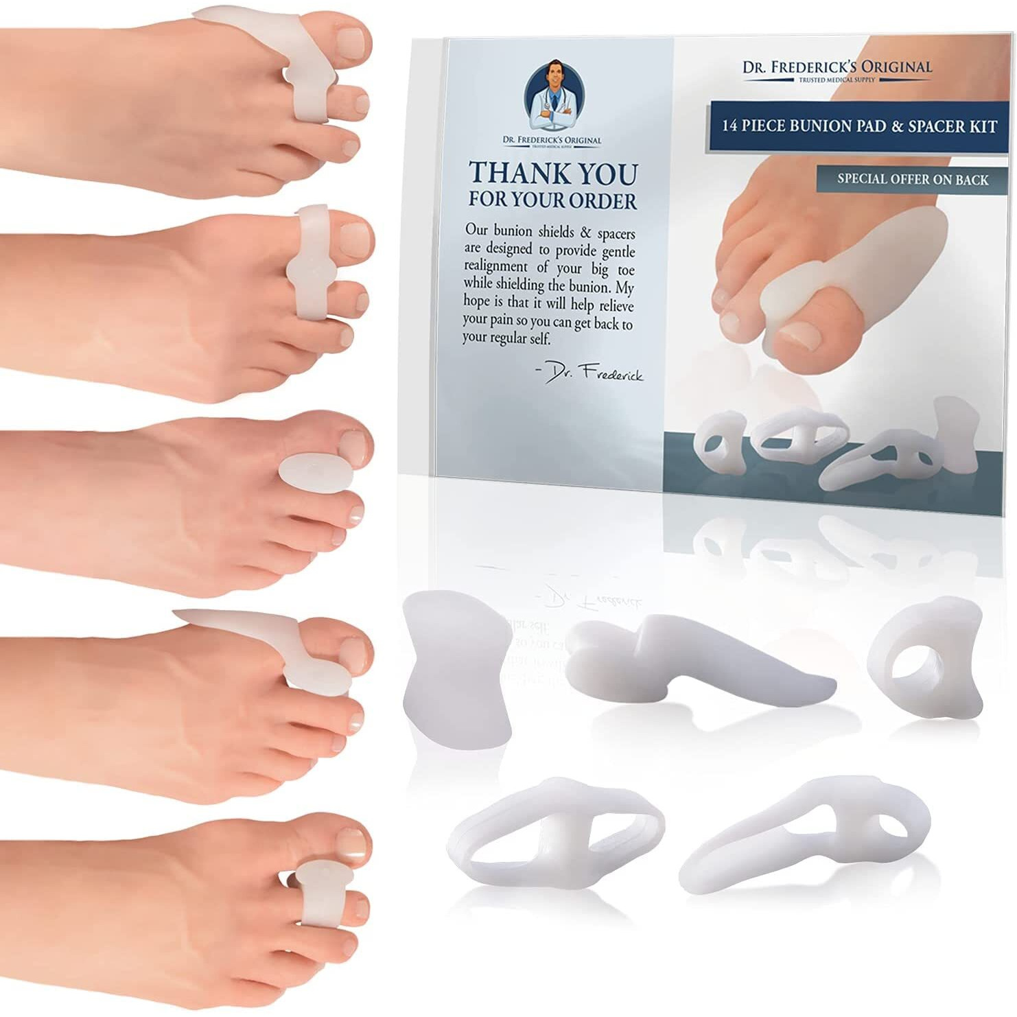 Dr. Frederick's Original 14-Piece Bunion Corrector Kit - Fast Relief For Bunions & Overlapping Toes - For Men & Women - Soft Gel Pads  Spacers  & Separators - For No Surgery Required