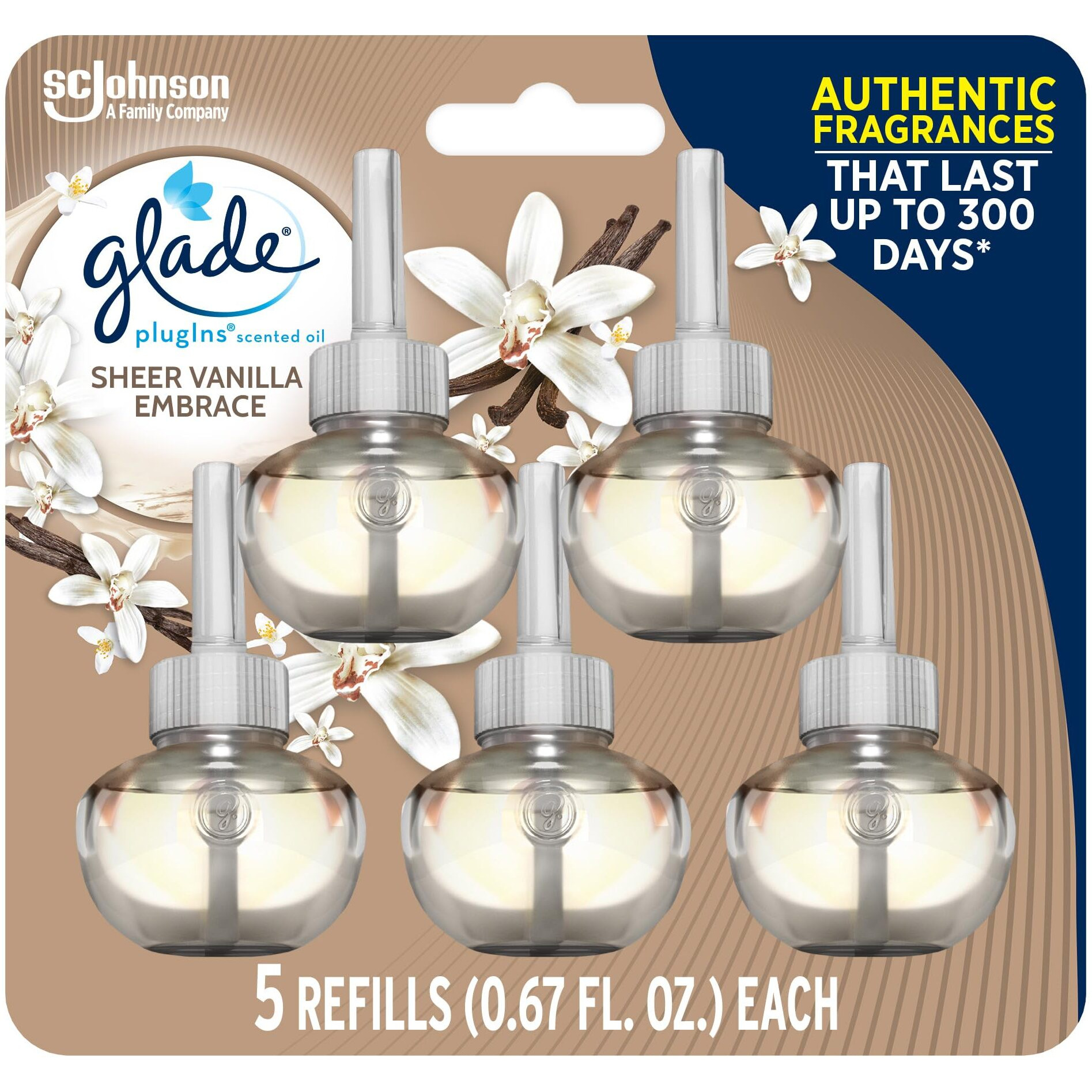 Glade Plugins Refills Air Freshener  Scented And Essential Oils For Home And Bathroom  Sheer Vanilla Embrace  3.35 Fl Oz  5 Count