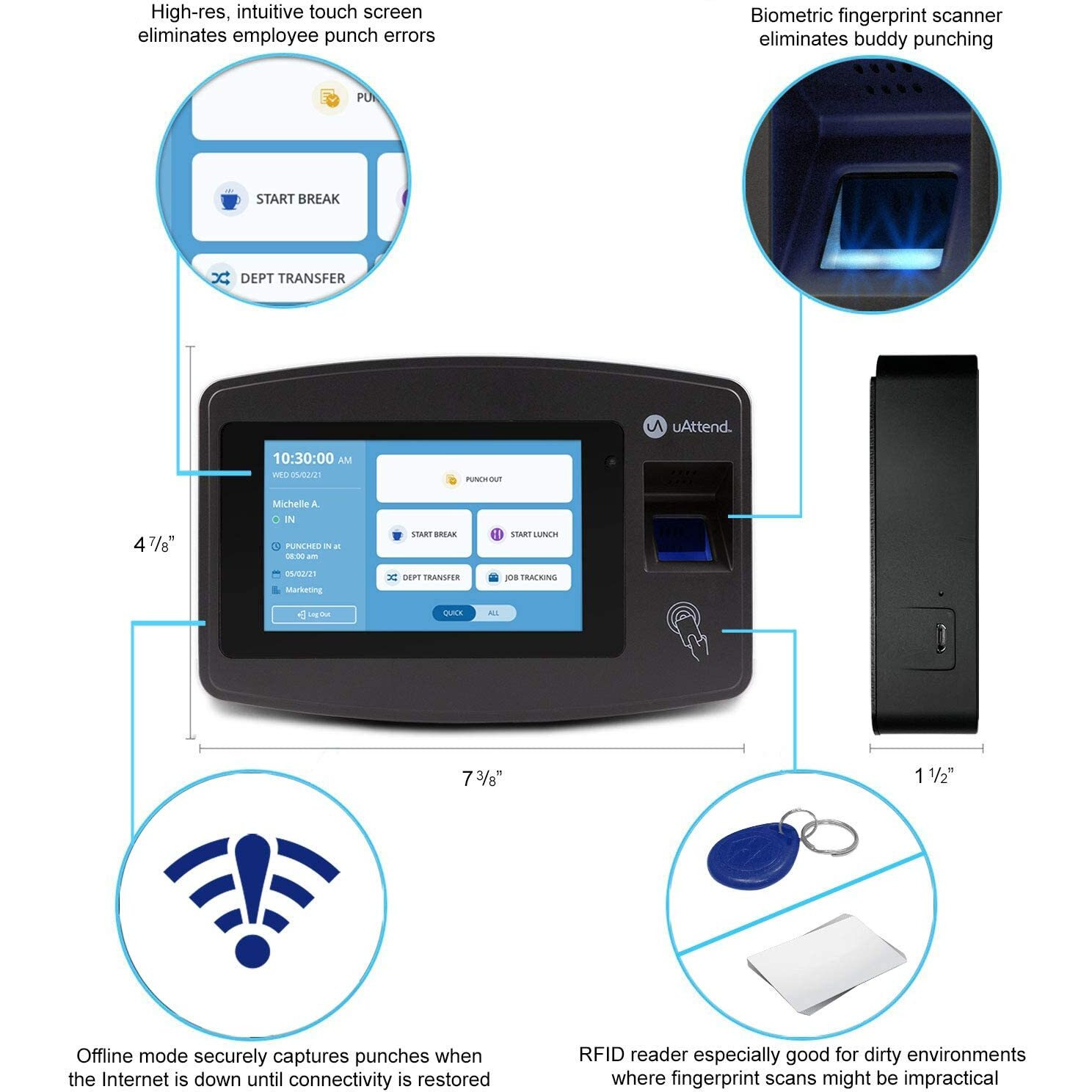 Uattend Cloud-Connected Touchscreen Time Clock With Finger Scan  Rfid And Pin Punching In One (Jr2000)