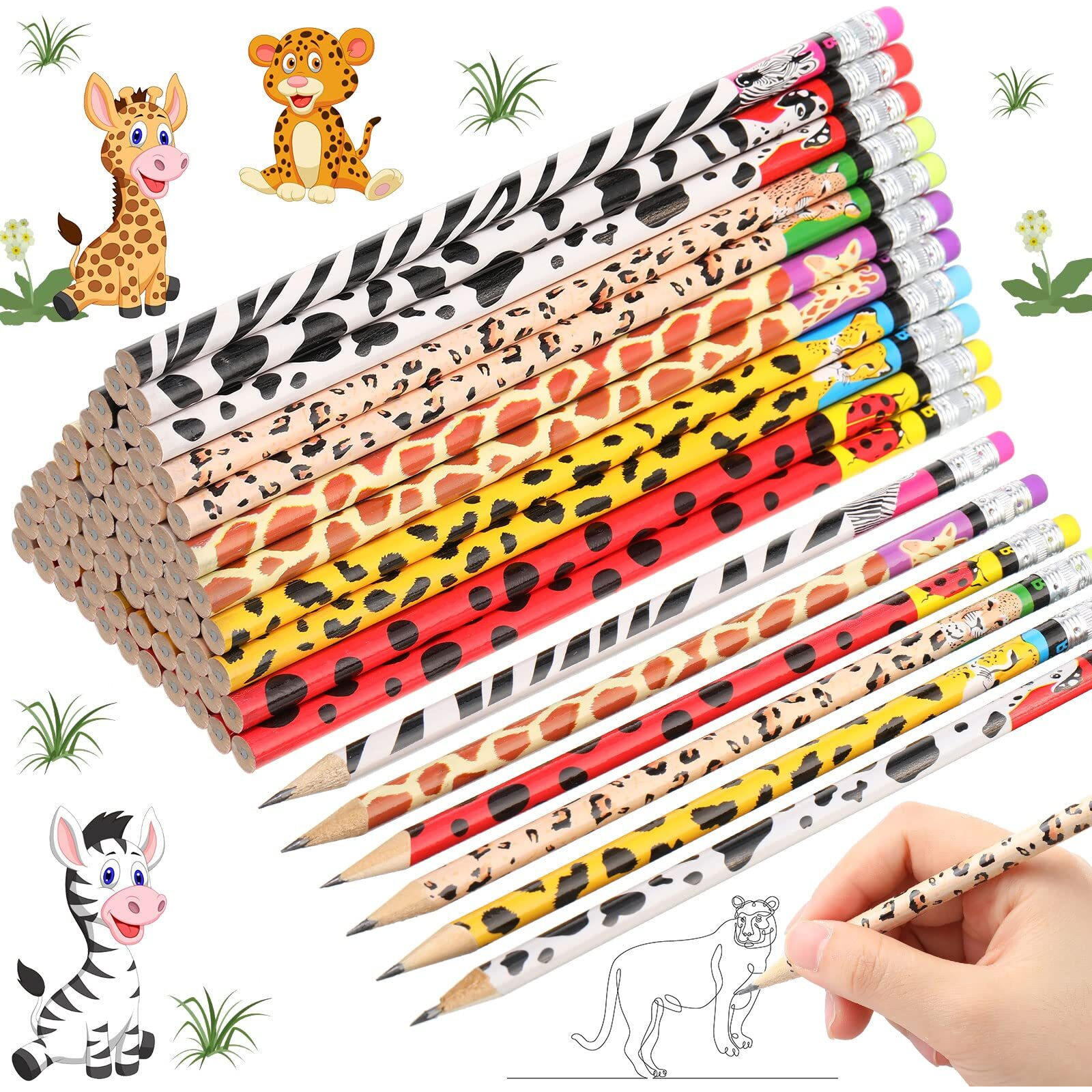 Zhehao 72 Pcs Animal Print Pencils With Eraser Wood Safari Pencils Bulk Jungle Animal Birthday Party Favor Supplies For Kids Back To School Present
