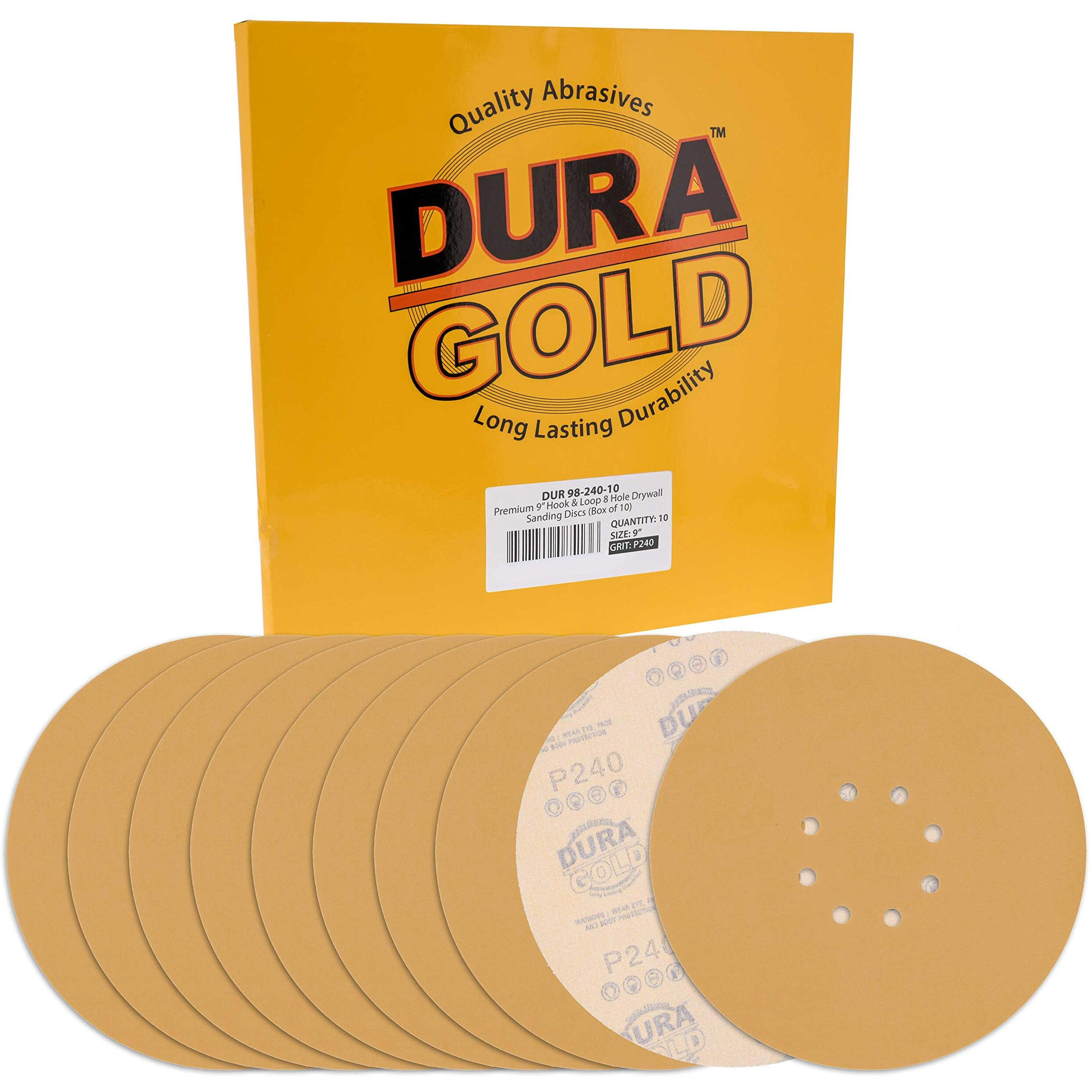 Dura-Gold Premium 9"" Drywall Sanding Discs - 240 Grit (Box Of 10) - 8 Hole Pattern Sandpaper Discs With Hook & Loop Backing  Fast Cutting Aluminum Oxide Abrasive - For Drywall Power Sander  Sand Wood