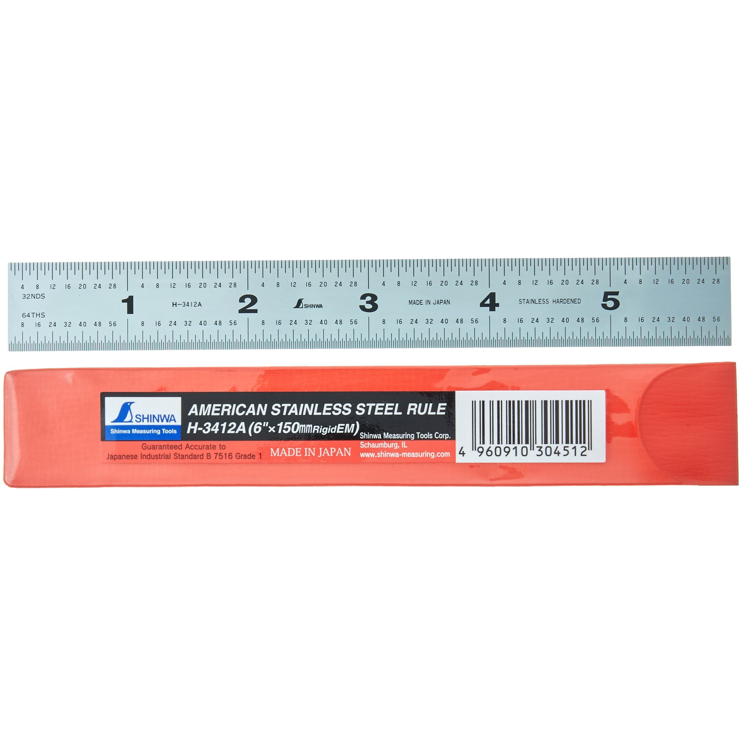 Shinwa H-3412A 6"" 150 Mm Rigid English Metric Zero Glare Satin Chrome Stainless Steel E/M Machinist Engineer Ruler/Rule With Graduations In 1/64  1/32  Mm And .5 Mm