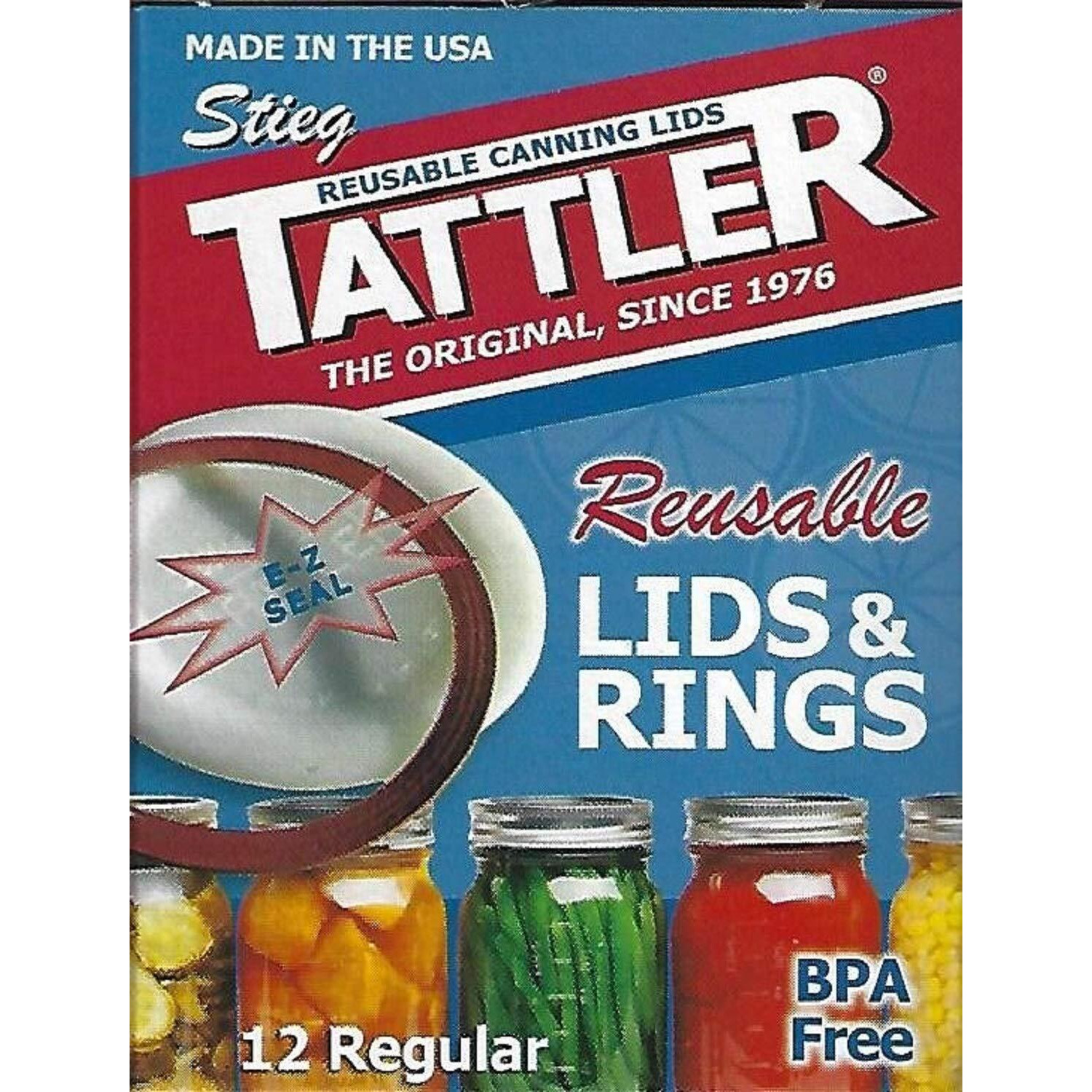 Authentic Tattler E-Z Seal Reusable Canning Lids - Regular Mouth - 1 Dozen (12) Plastic Lid/Rubber Ring - Made In The Usa