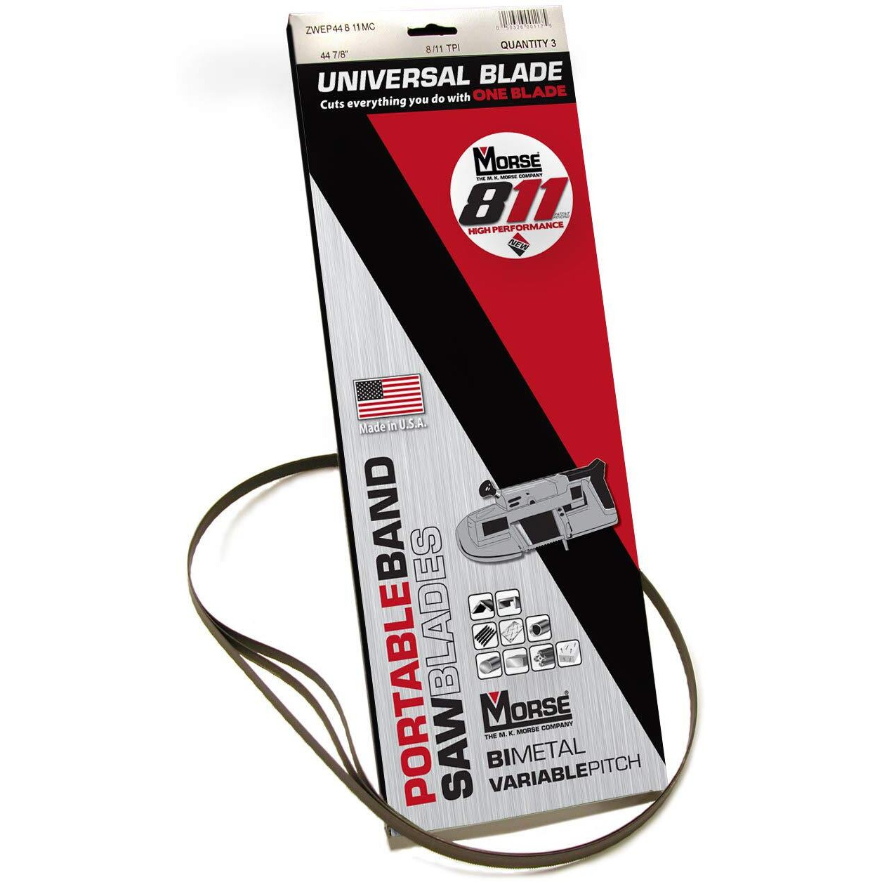 Morse 811 Bi-Metal Portable Band Saw Blade 44 7/8 X 1/2 X .020 8/11 Tpi 3/Box (002486 / Zwep44811Mc)