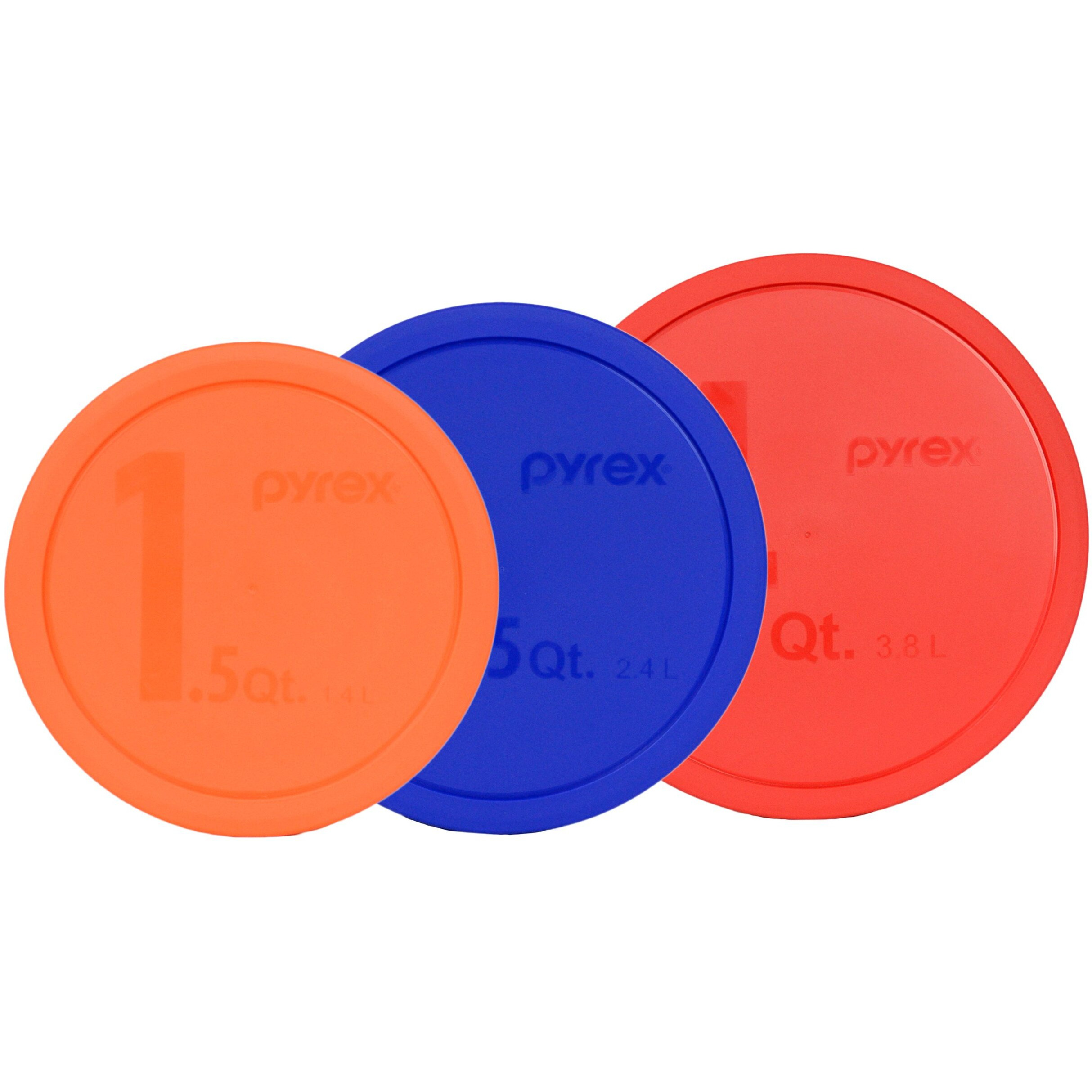 Pyrex (1) 326-Pc 4Qt Red  (1) 325-Pc 2.5Qt Blue  & (1) 323-Pc 1.5Qt Orange Plastic Storage Lid  Made In Usa