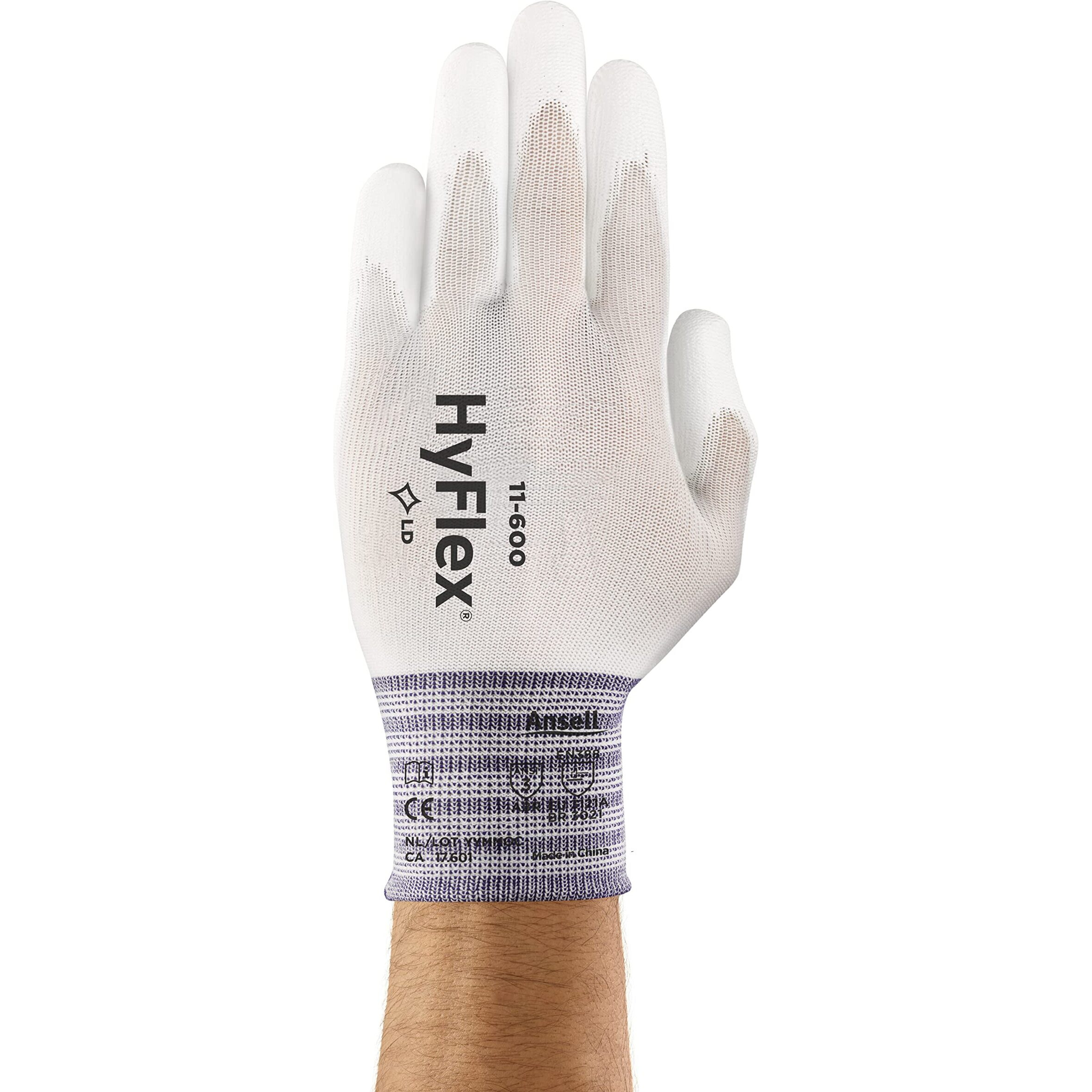 Ansell Hyflex 11-600 Light Duty Nylon Industrial Gloves W/Palm Coating For Metal Fabrication  Automotive - Large (9)  White (12 Pairs)