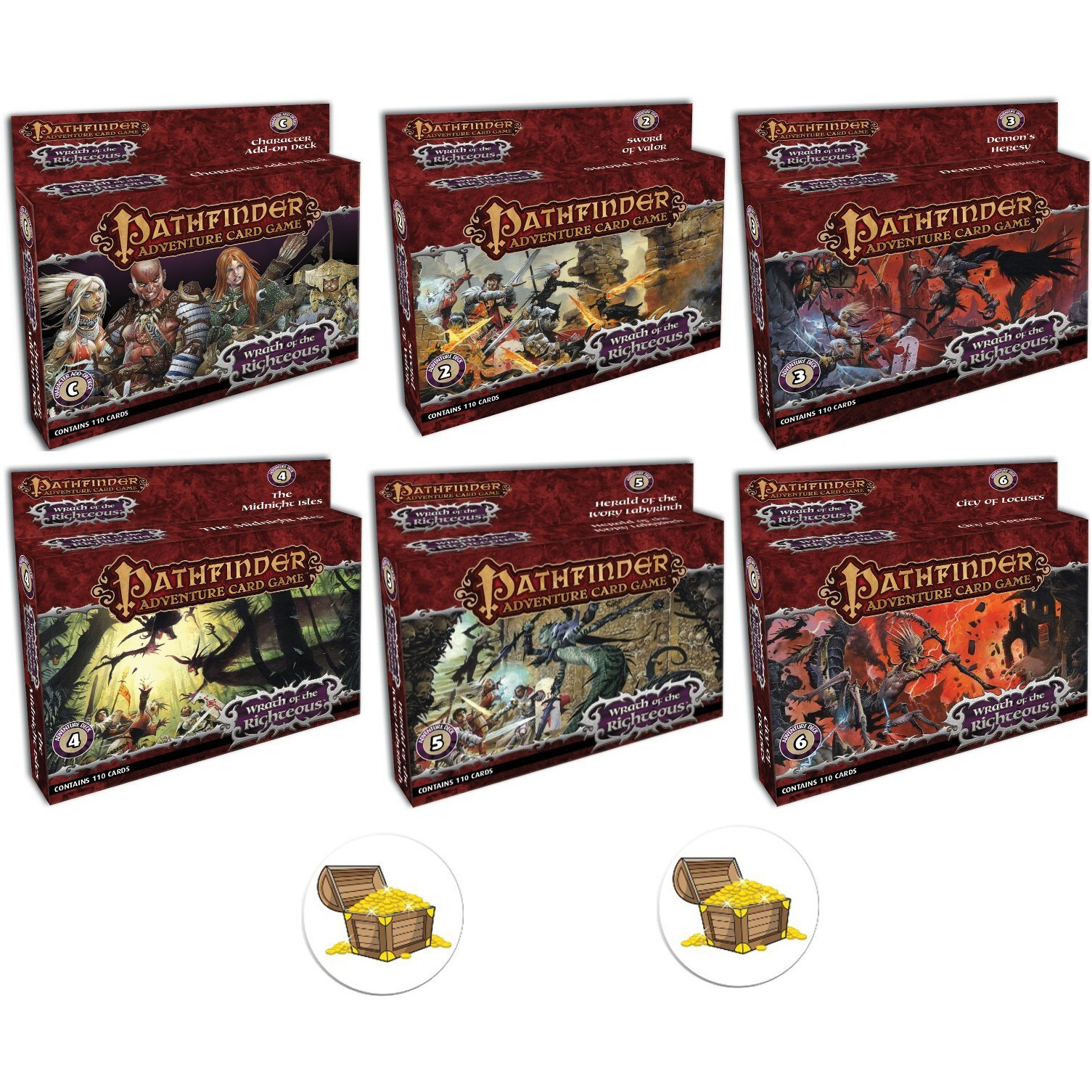 Bundle Of All 6 Pathfinder Adventure Card Game Wrath Of The Righteous Expansion Decks And 2 Treasure Chest Buttons