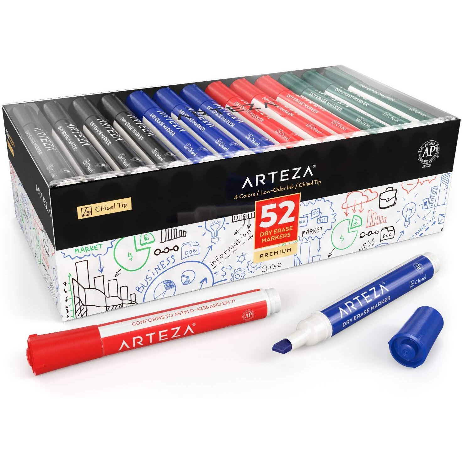 Arteza Dry Erase Markers  Bulk Pack Of 52  Chisel Tip  4 Assorted Colors With Low-Odor Ink  Whiteboard Markers  Back To School Supplies For Classroom  Office  Or Home