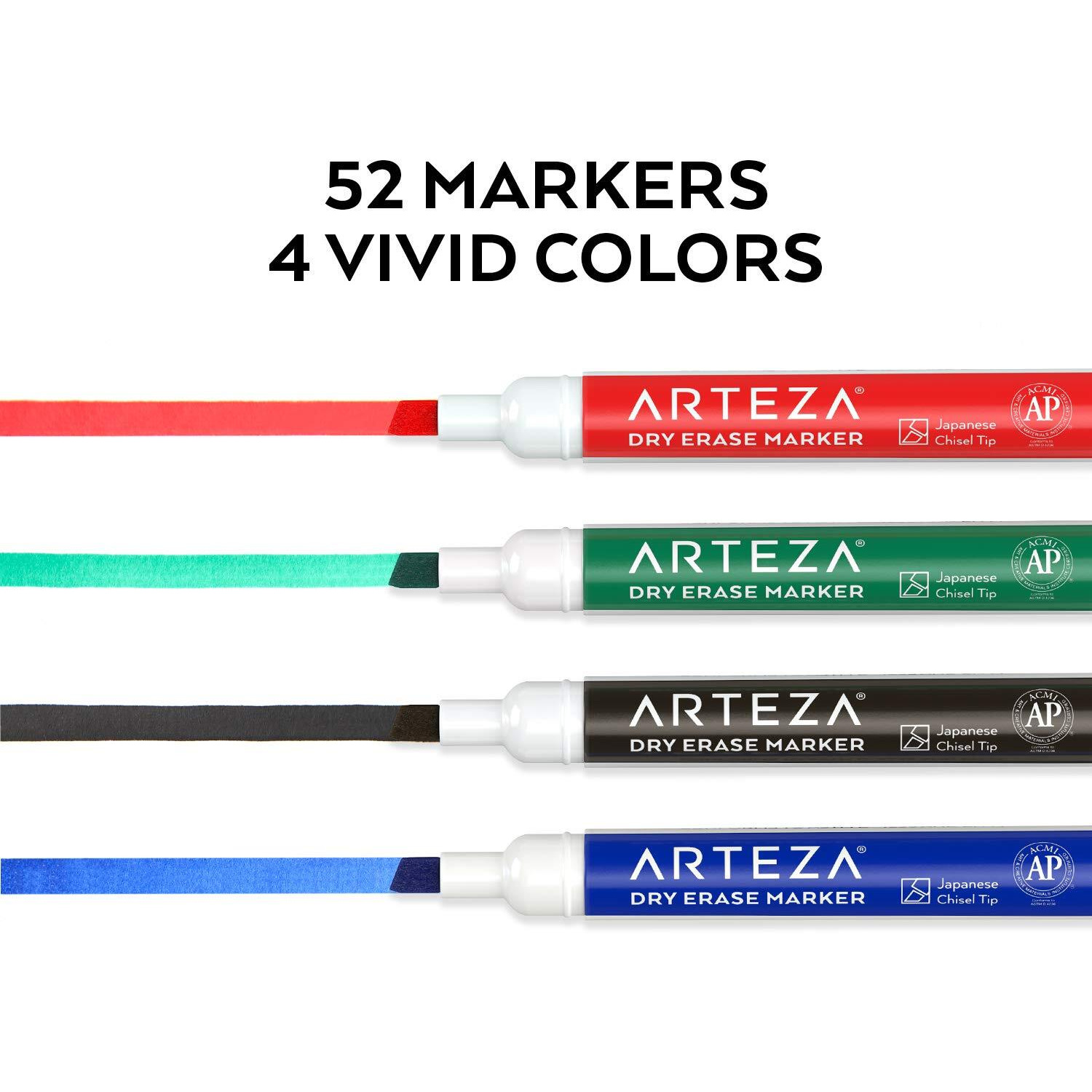 Arteza Dry Erase Markers  Bulk Pack Of 52  Chisel Tip  4 Assorted Colors With Low-Odor Ink  Whiteboard Markers  Back To School Supplies For Classroom  Office  Or Home