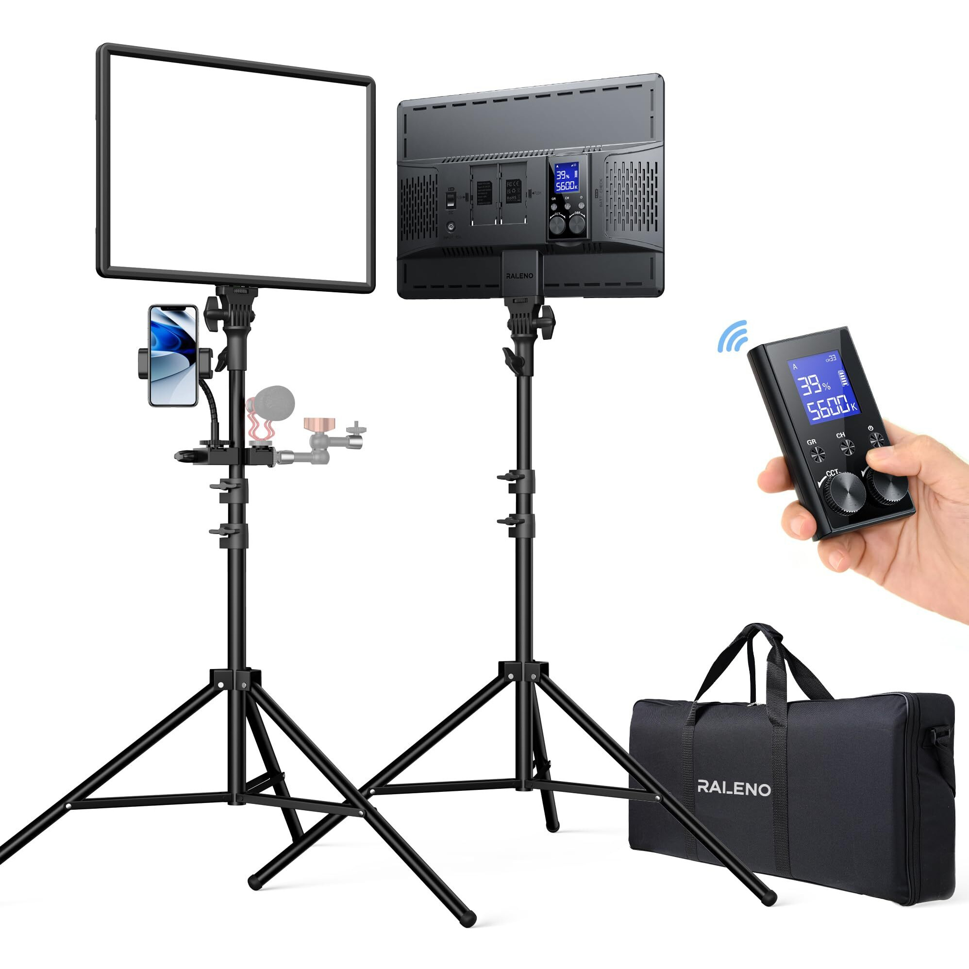 Raleno 2-Pack Photography Lighting With 2.4G Remote  Two 18"" 45W Studio Lights For Video Recording  Photography  Live Streaming  Cri 97+ 3200K-5600K Led Video Light With 2 Stands For Tiktok  Youtube