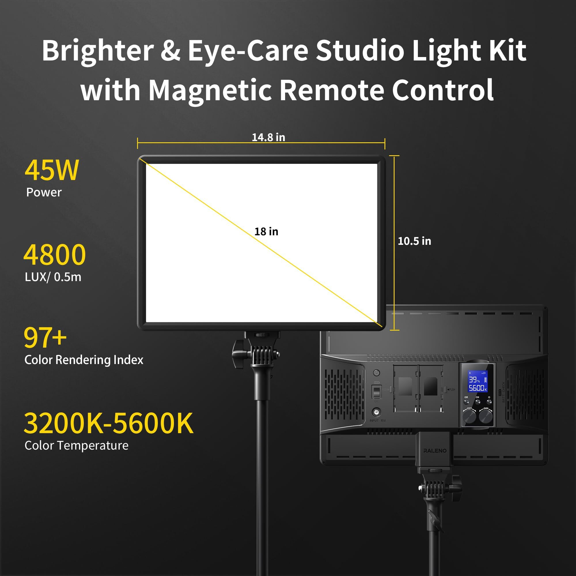 Raleno 2-Pack Photography Lighting With 2.4G Remote  Two 18"" 45W Studio Lights For Video Recording  Photography  Live Streaming  Cri 97+ 3200K-5600K Led Video Light With 2 Stands For Tiktok  Youtube