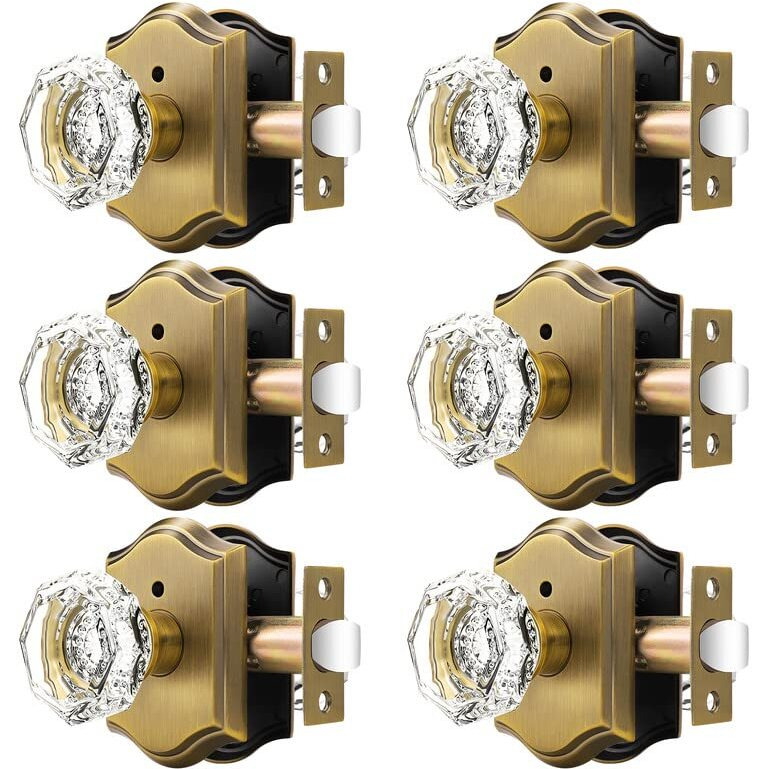 Orger Octagonal Crystal Door Knobs 6 Pack  Interior Privacy Door Handle For Bed/Bathroom With Pin Lock Inside  Antique Bronze Vintage Rosette Door Knob With Heavy Duty Genuine Glass