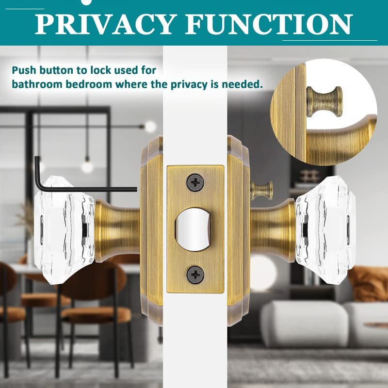 Orger Octagonal Crystal Door Knobs 6 Pack  Interior Privacy Door Handle For Bed/Bathroom With Pin Lock Inside  Antique Bronze Vintage Rosette Door Knob With Heavy Duty Genuine Glass