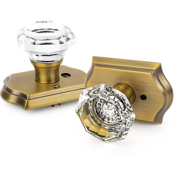 Orger Octagonal Crystal Door Knobs 6 Pack  Interior Privacy Door Handle For Bed/Bathroom With Pin Lock Inside  Antique Bronze Vintage Rosette Door Knob With Heavy Duty Genuine Glass