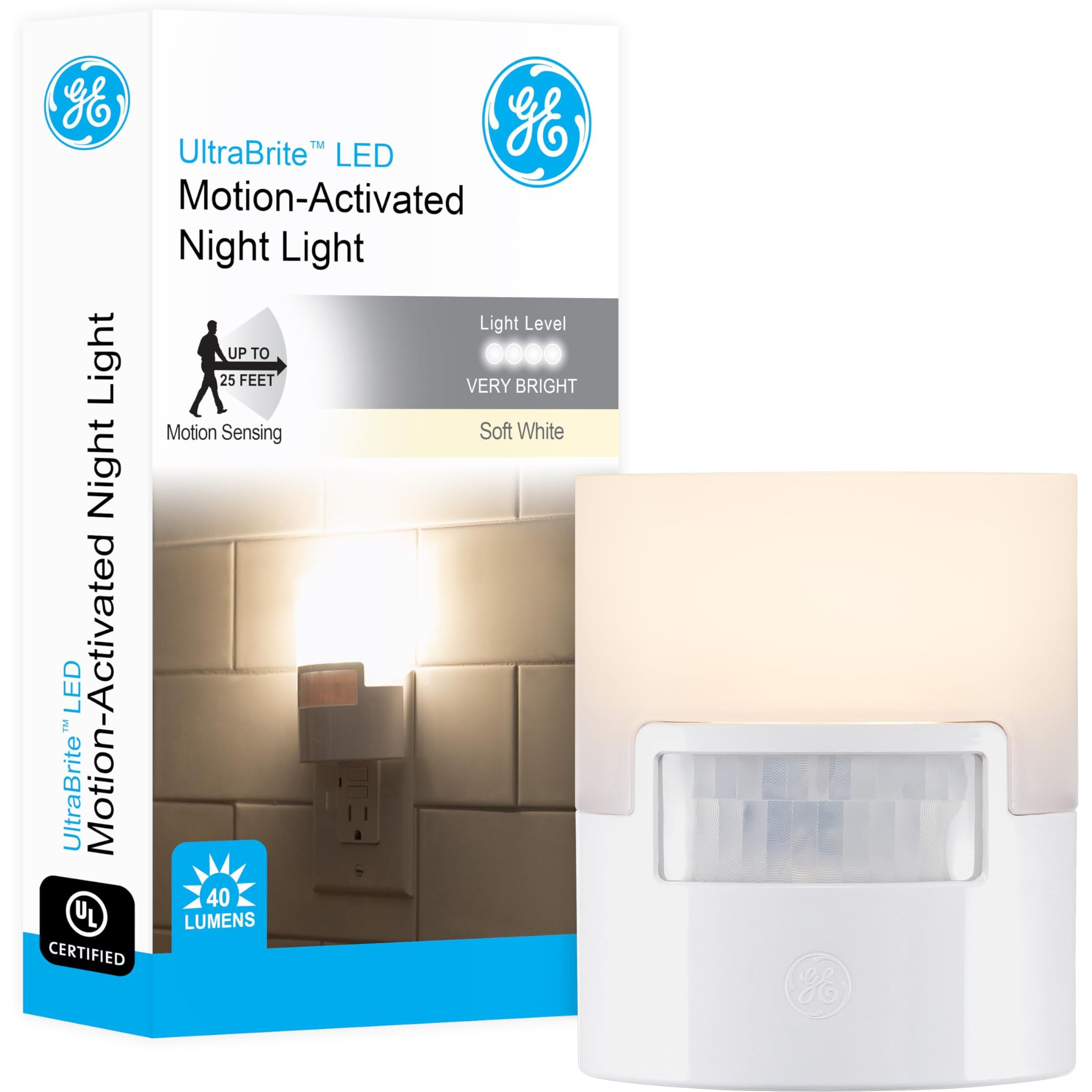 Ge Led Motion Sensor Night Light  Plug Into Wall  40 Lumens  Soft White  Ul-Certified  Energy Efficient  Ideal Nightlight For Bedroom  Bathroom  Kitchen  Hallway  12201  White  1 Pack