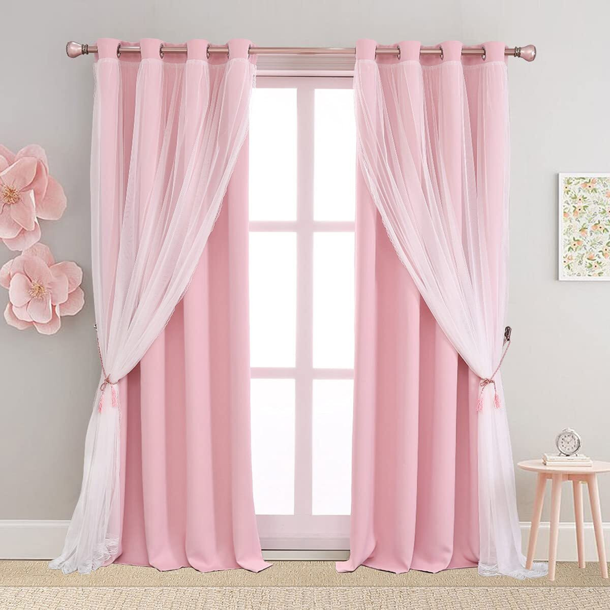 Sofjagetq Short Pink Curtains 63 Inch Long- Blackout Curtains With Voile Sheer Drapes Thermal Pink Window Treatments With Tie-Backs For Kids/Girls Bedroom Nursery Living Room  Elegant  2 Panels
