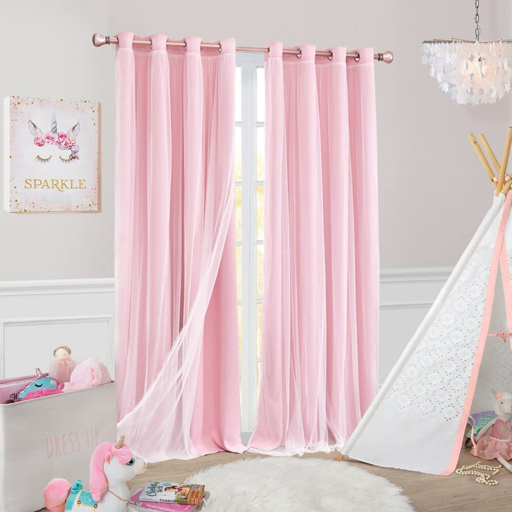 Sofjagetq Short Pink Curtains 63 Inch Long- Blackout Curtains With Voile Sheer Drapes Thermal Pink Window Treatments With Tie-Backs For Kids/Girls Bedroom Nursery Living Room  Elegant  2 Panels