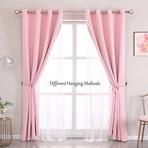 Sofjagetq Short Pink Curtains 63 Inch Long- Blackout Curtains With Voile Sheer Drapes Thermal Pink Window Treatments With Tie-Backs For Kids/Girls Bedroom Nursery Living Room  Elegant  2 Panels