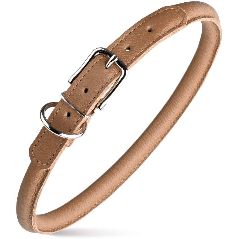 Dogline Soft And Padded Rolled Round Leather Collar For Dogs W1/2"" - L22""-25""  Brown