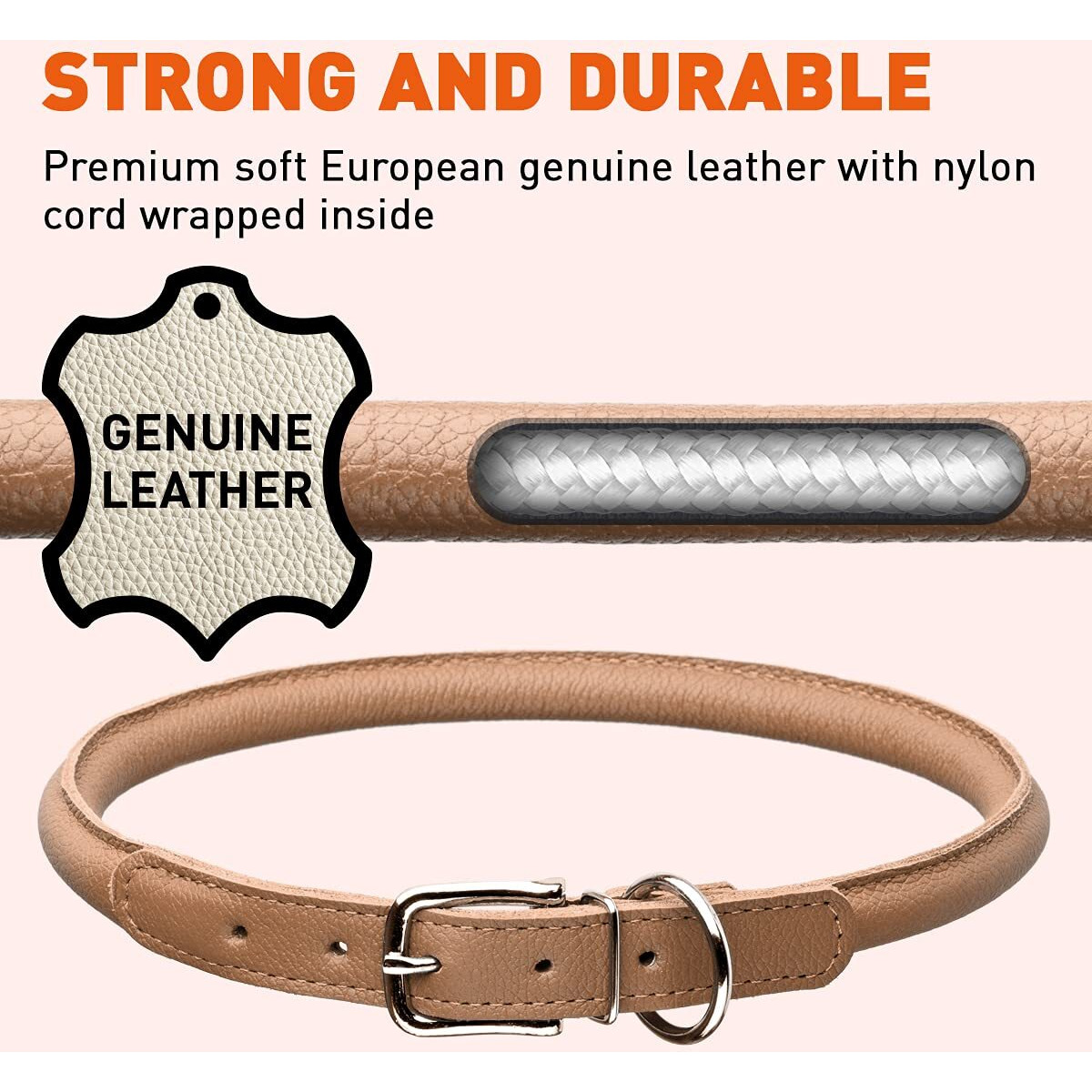 Dogline Soft And Padded Rolled Round Leather Collar For Dogs W1/2"" - L22""-25""  Brown