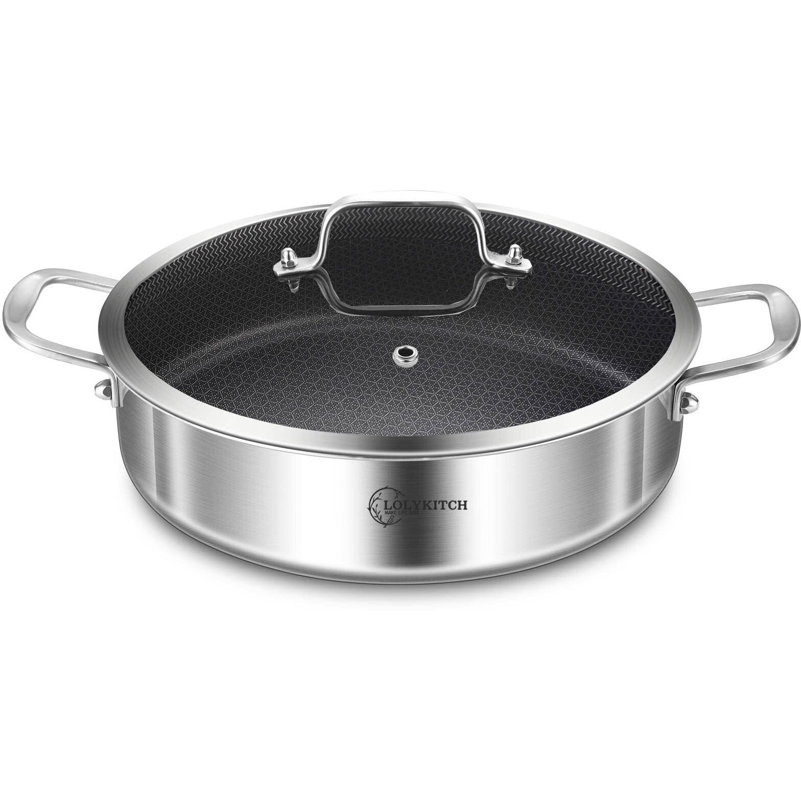 Lolykitch 6 Qt Tri-Ply Stainless Steel Non-Stick Saut Pan With Lid 12 Inch Deep Frying Pan Large Skillet Jumbo Cooker Induction Pan Dishwasher And Oven Safe.