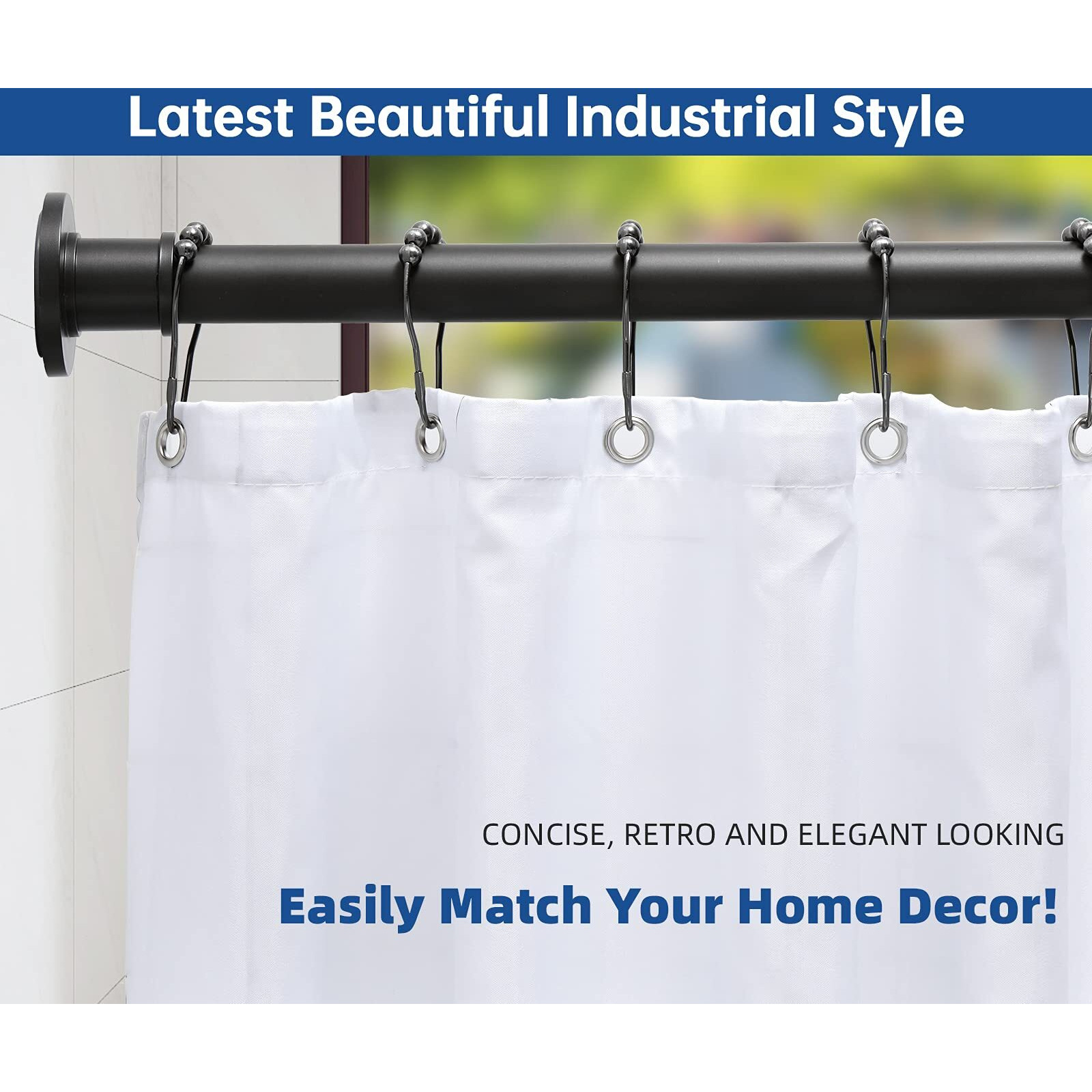 Briofox Industrial Shower Curtain Rod - Never Rust Non-Slip 43-72 Inch Stainless Steel  Matte Black