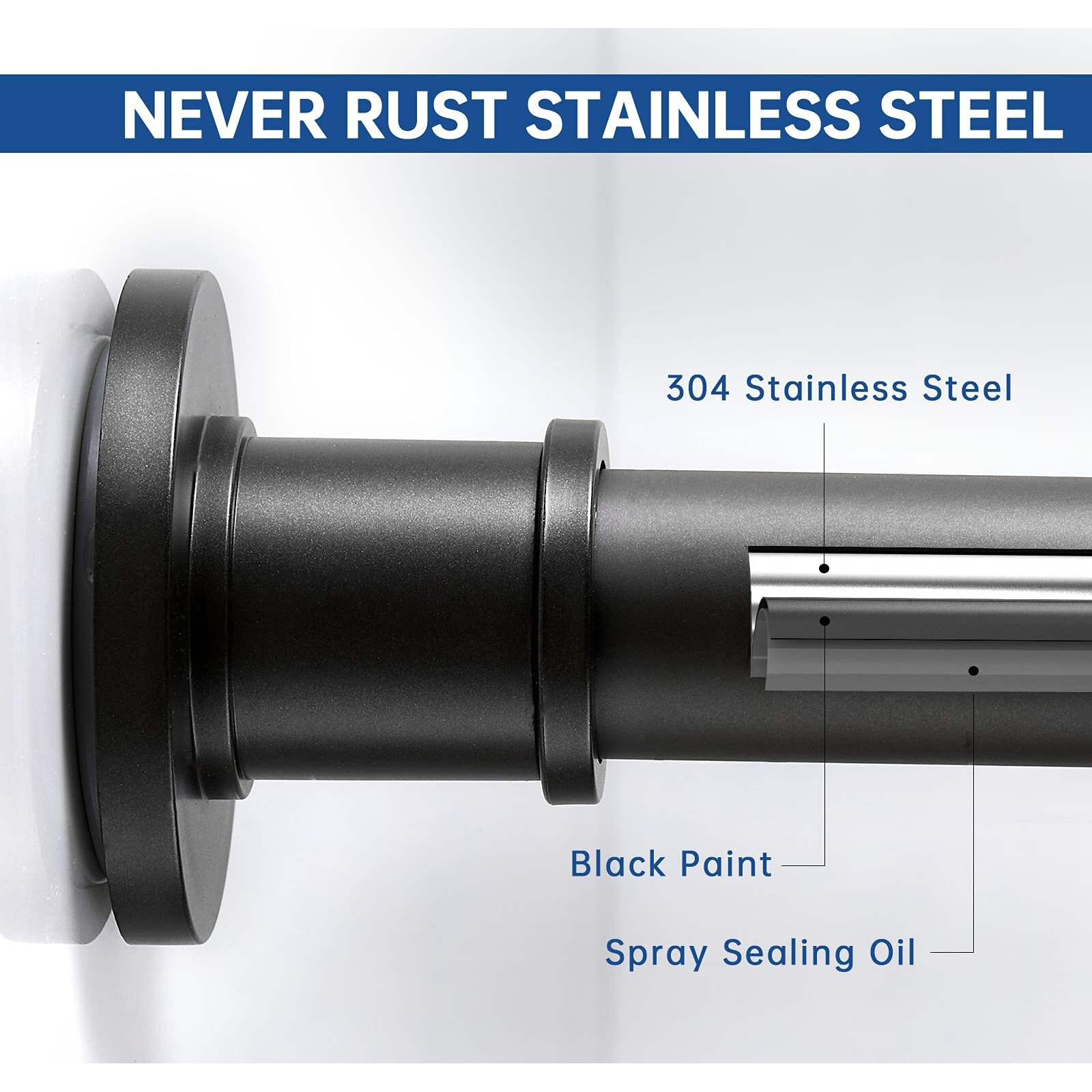 Briofox Industrial Shower Curtain Rod - Never Rust Non-Slip 43-72 Inch Stainless Steel  Matte Black
