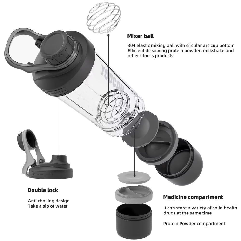 21Oz Protein Shaker Bottle With Powder Storage Container-Shaker Cups For Protein Shakes-Pre Workout Bottle-Mixer Cup-Gym Sport Water Bottle -Made With Tritan Bpa Free With Wire Whisk Balls (Black)
