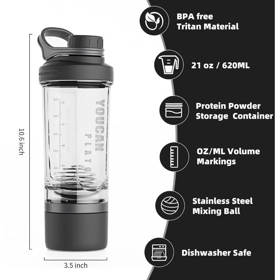 21Oz Protein Shaker Bottle With Powder Storage Container-Shaker Cups For Protein Shakes-Pre Workout Bottle-Mixer Cup-Gym Sport Water Bottle -Made With Tritan Bpa Free With Wire Whisk Balls (Black)