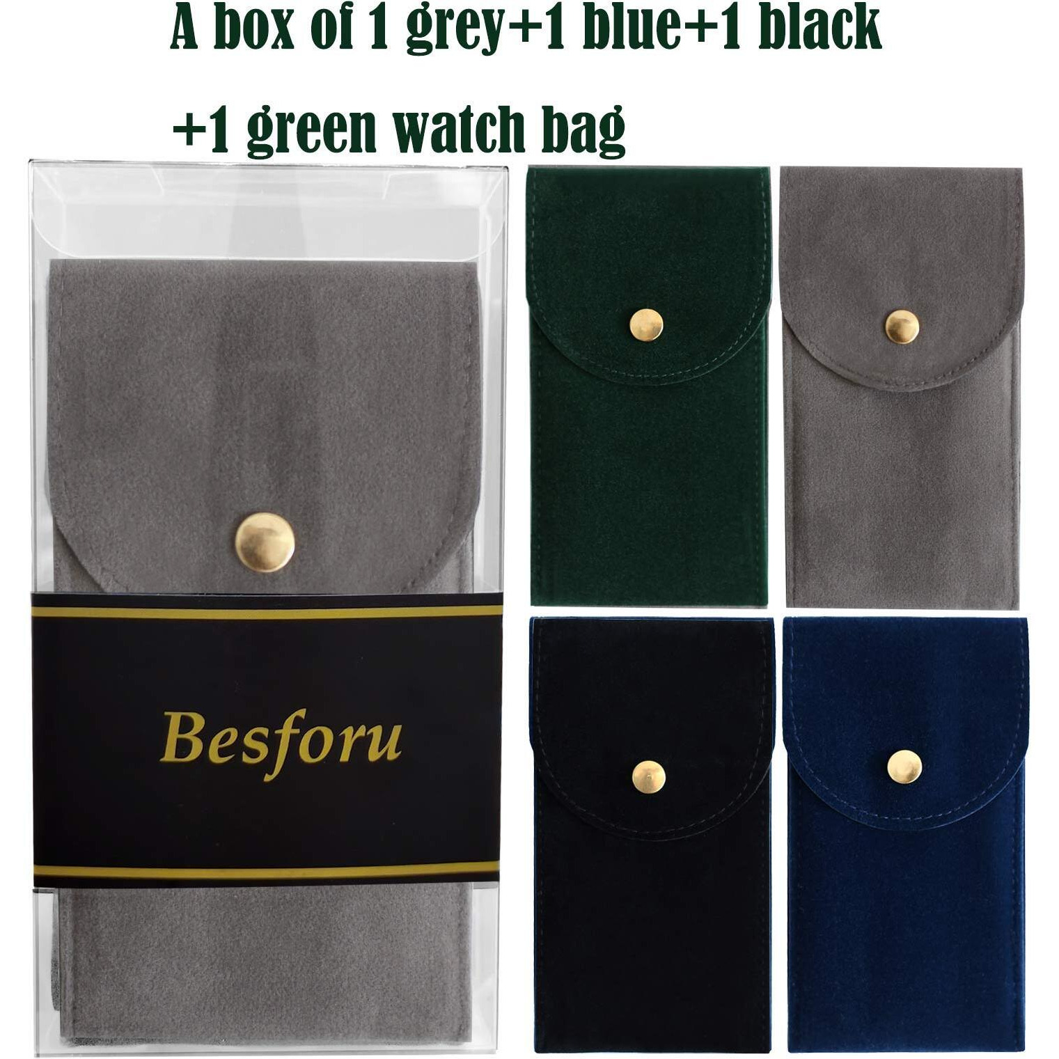 Besforu 4 Pcs Watch Travel Case For Men And Women Portable Velvet Watch Pouch Watch Storage Bag And Organizer (1Black+1Green+1Blue+1Gray)