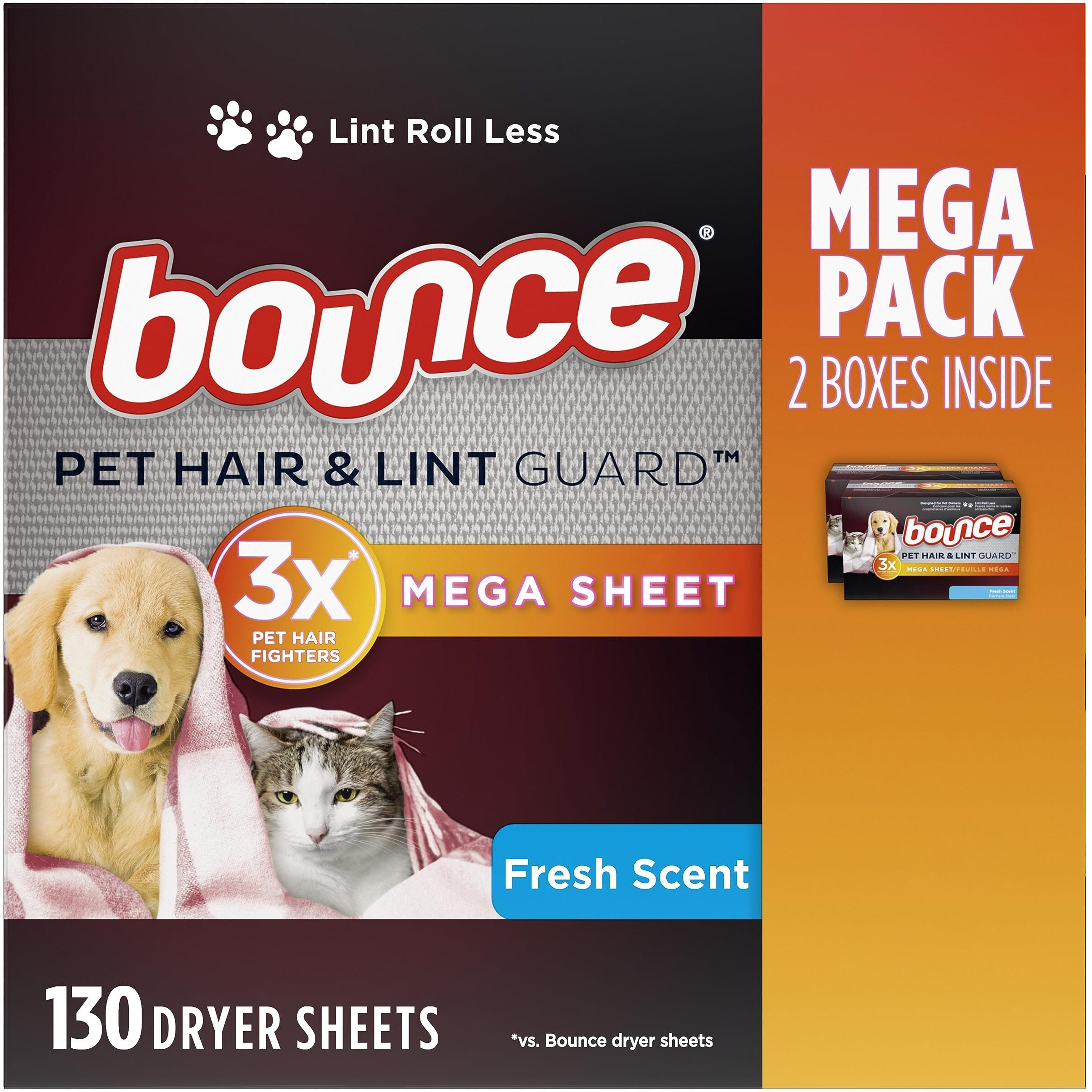 Bounce Pet Hair And Lint Guard Mega Dryer Sheets With 3X Pet Hair Fighters  Fresh Scent  130 Count (Packaging May Vary)