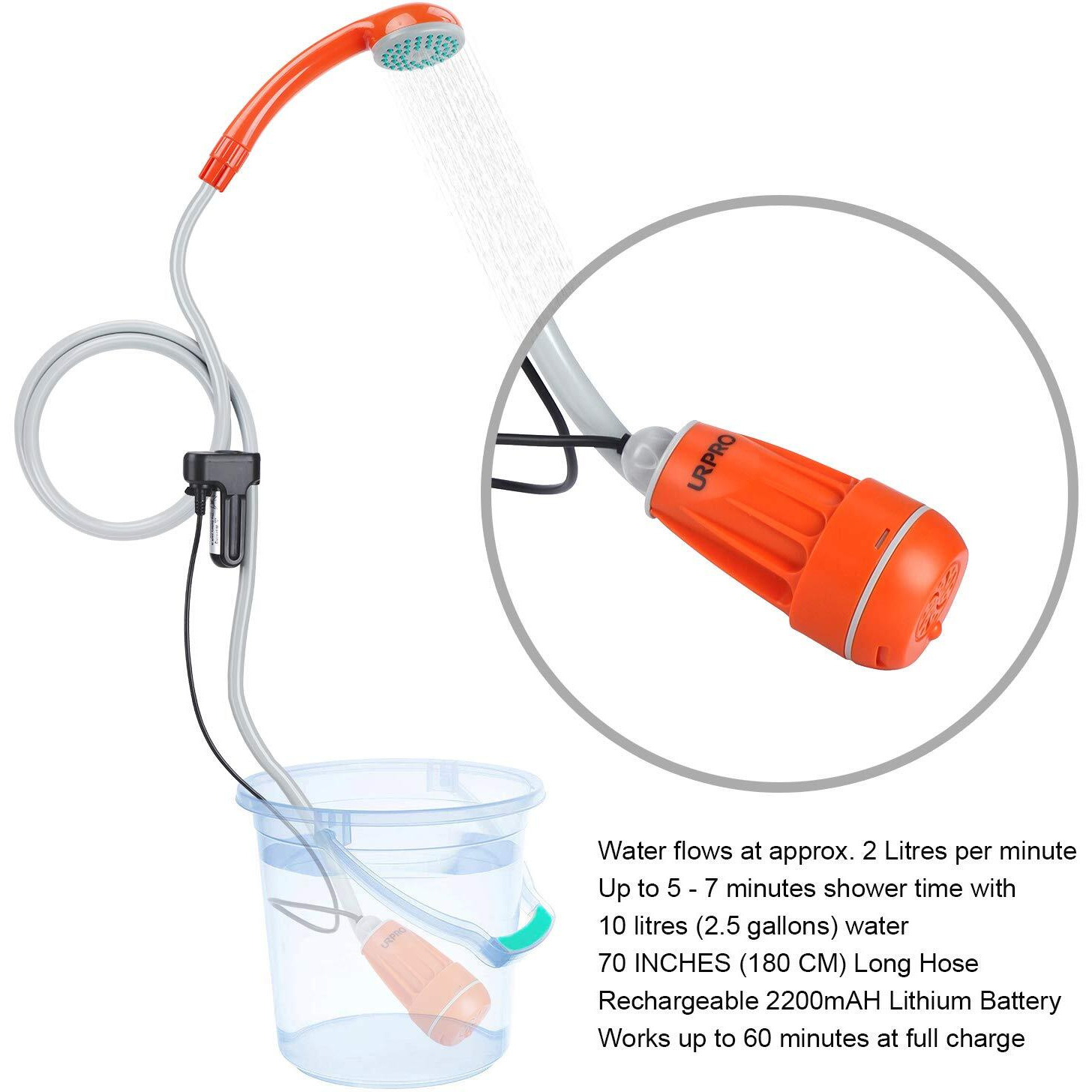 Urpro Portable Camping Shower  Outdoor Shower Head  Shower Pump  Detachable Usb Rechargeable Batteries  Pumps Water From Bucket  For Camping  Hiking  Pet Cleaning  Pet Shower  Car Washing