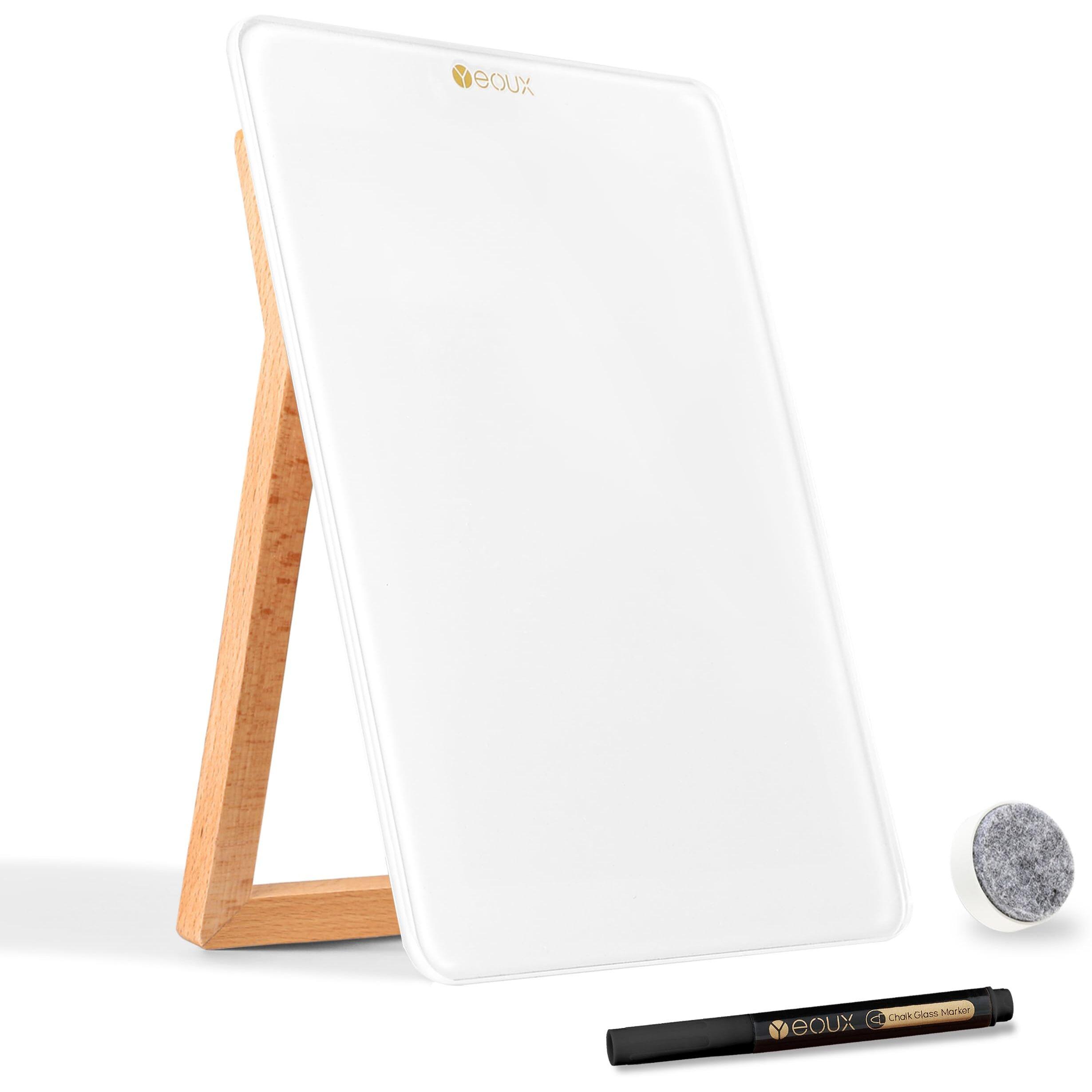 Desktop Glass Whiteboard With Reversible Wood Stand  Small White Board  Mini Dry Erase Whiteboard Easel For Desk  Reusable Desk Notepad 9.5"&quotX6.7"" For Home  Office  Accessories Included  Yeoux