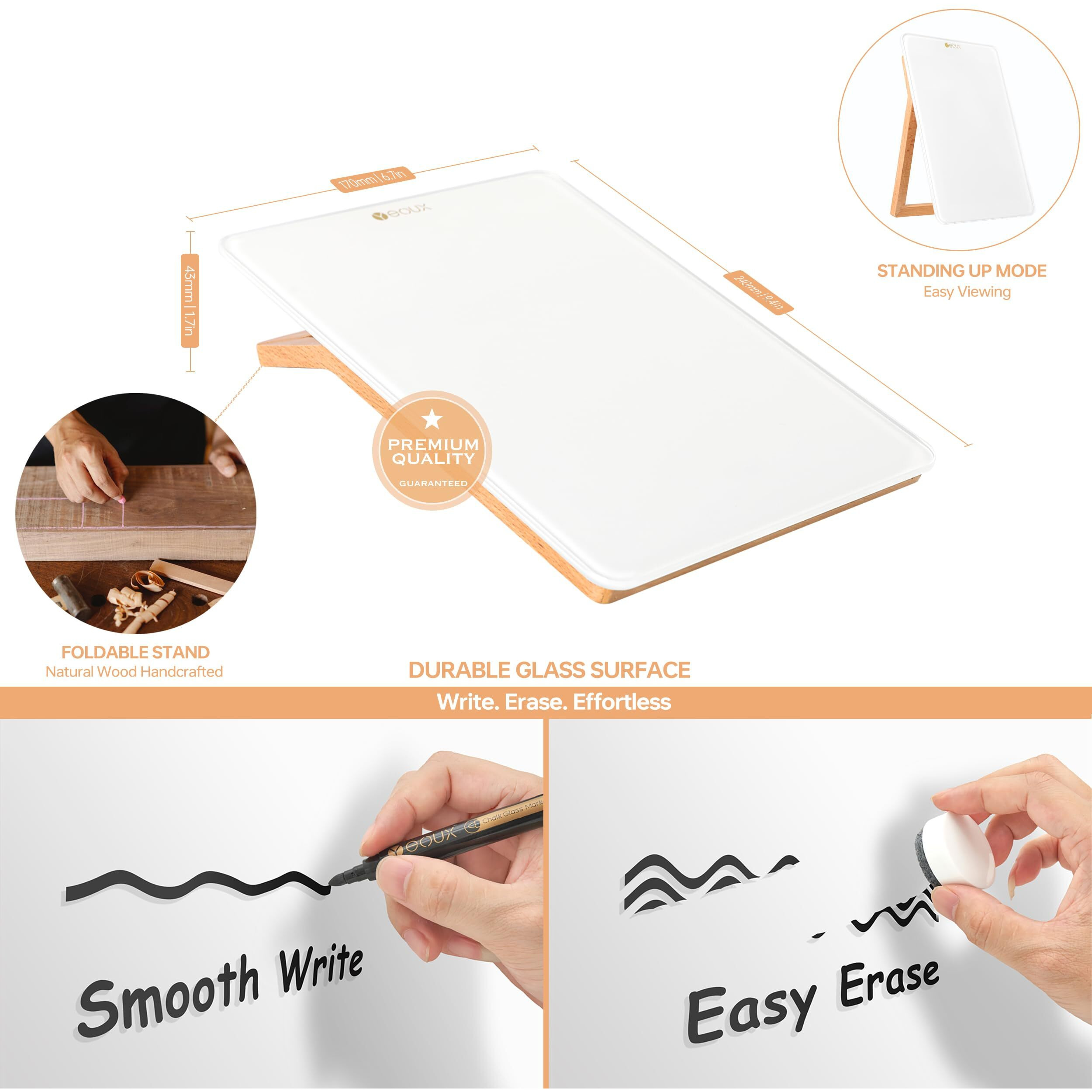 Desktop Glass Whiteboard With Reversible Wood Stand  Small White Board  Mini Dry Erase Whiteboard Easel For Desk  Reusable Desk Notepad 9.5"&quotX6.7"" For Home  Office  Accessories Included  Yeoux