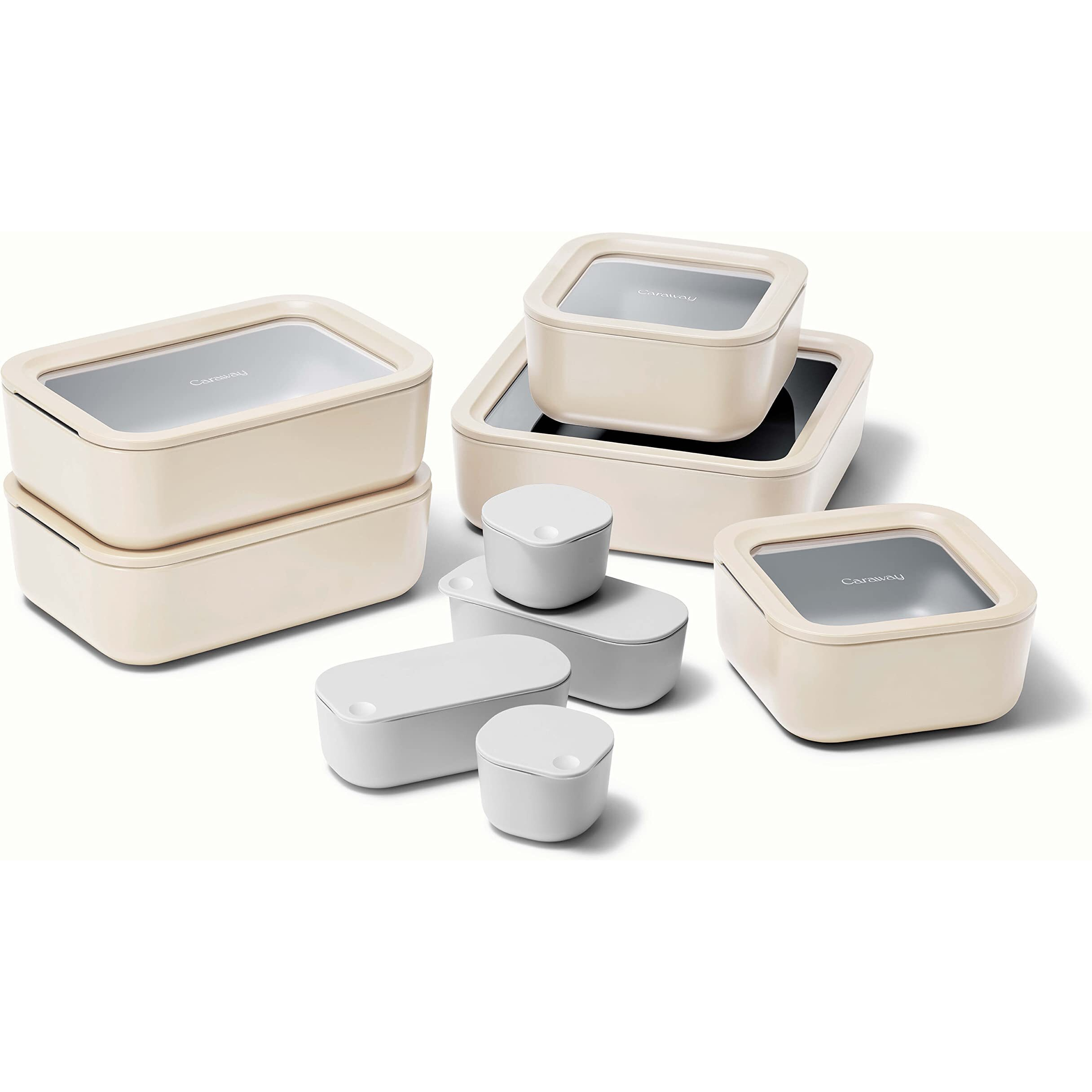 Caraway Glass Food Storage Set  14 Pieces - Ceramic Coated Food Containers - Easy To Store  Non Toxic Lunch Box Containers With Glass Lids - Includes Storage Organizer & Dot & Dash Inserts - Cream