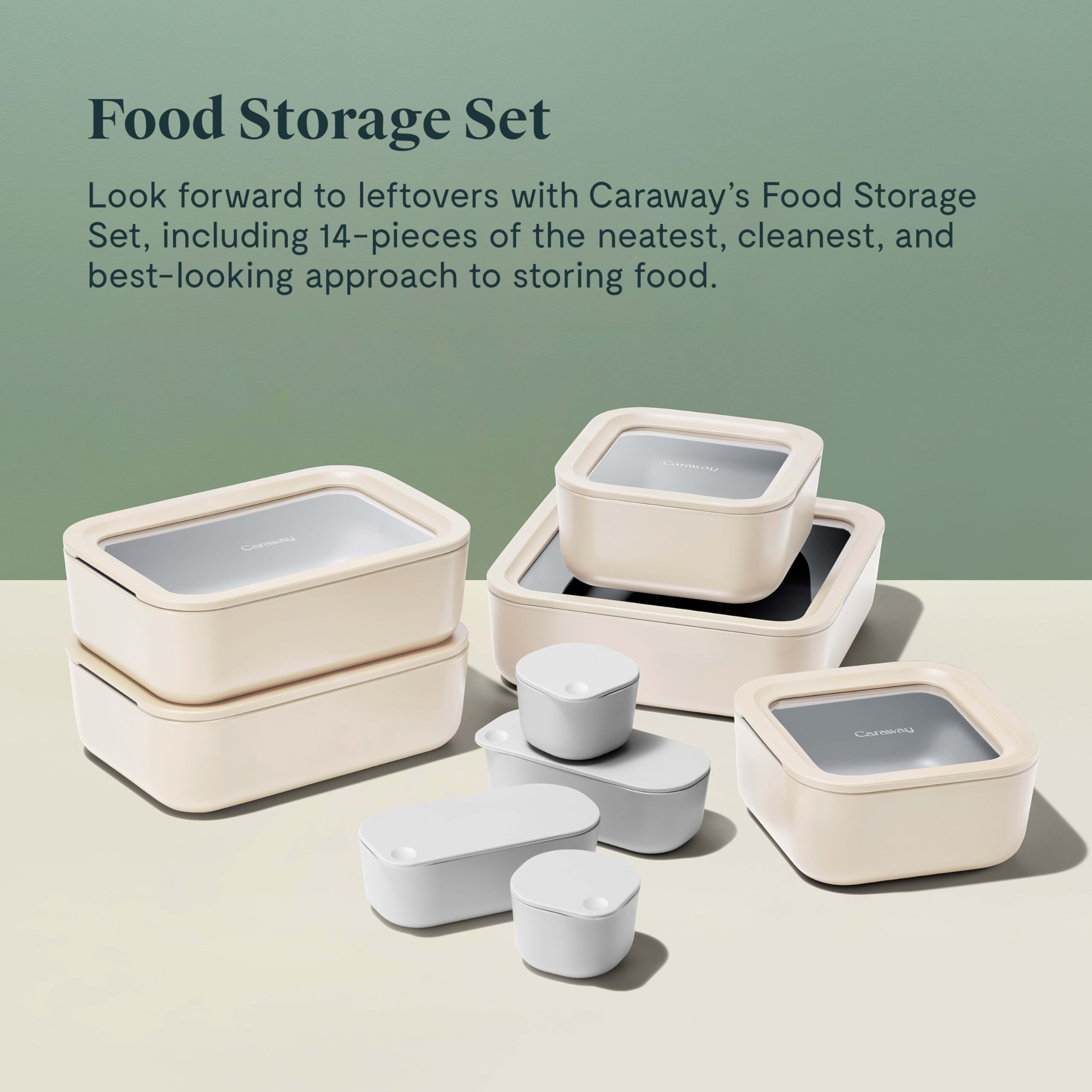 Caraway Glass Food Storage Set  14 Pieces - Ceramic Coated Food Containers - Easy To Store  Non Toxic Lunch Box Containers With Glass Lids - Includes Storage Organizer & Dot & Dash Inserts - Cream