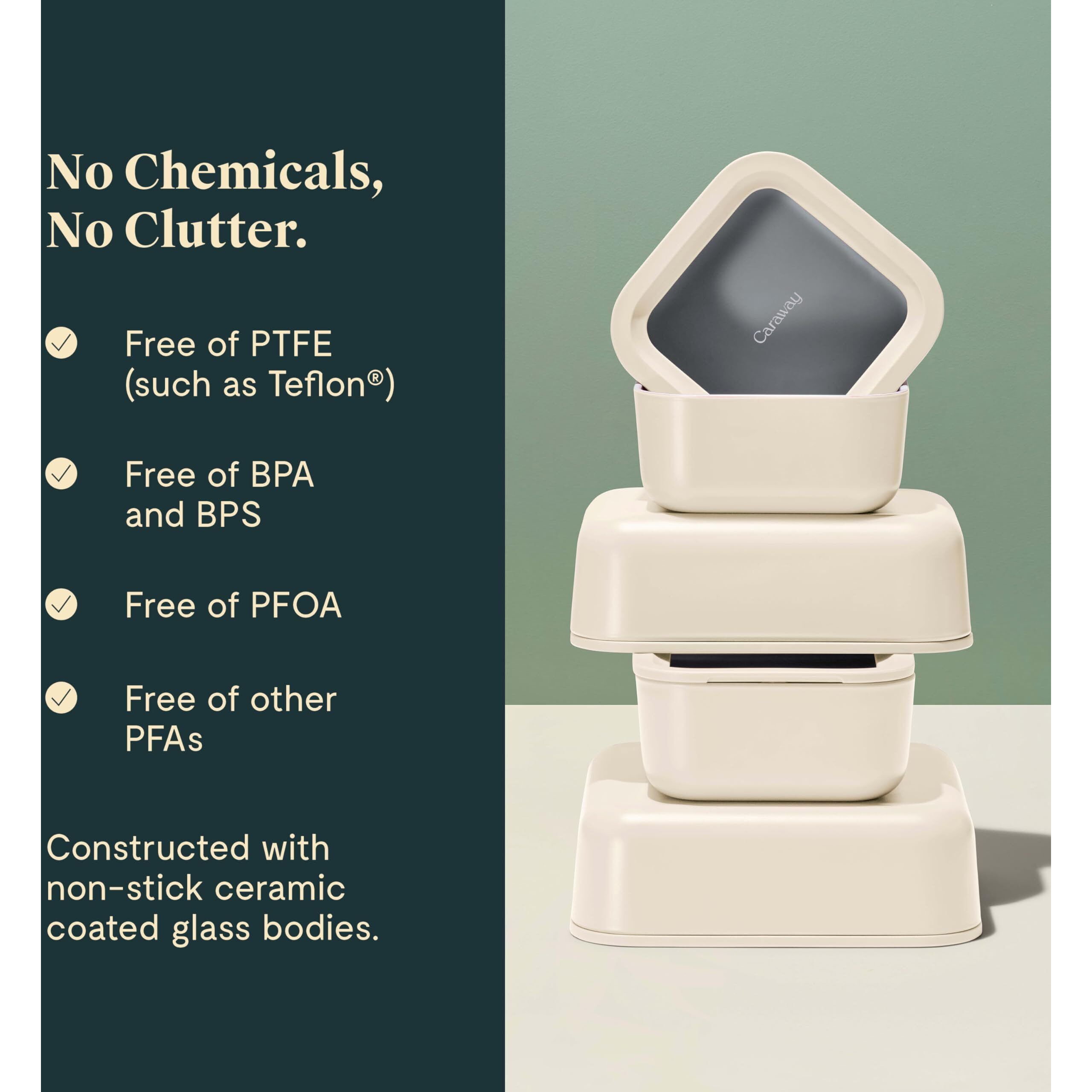 Caraway Glass Food Storage Set  14 Pieces - Ceramic Coated Food Containers - Easy To Store  Non Toxic Lunch Box Containers With Glass Lids - Includes Storage Organizer & Dot & Dash Inserts - Cream