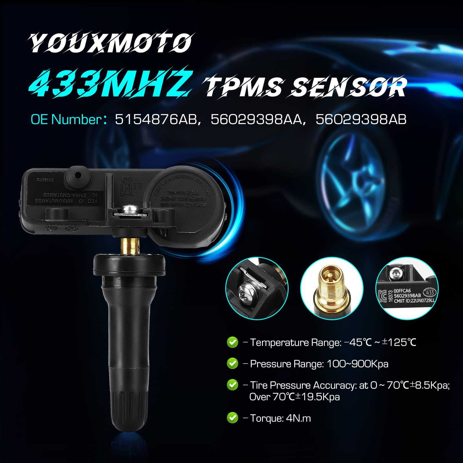 Youxmoto 56029398Ab Tpms Tire Pressure Sensor 433Mhz  Compatible With Jeep Grand Cherokee Wrangler  Dodge Charger Challenger Journey  Chrysler Fiat Ram 1500 2500 3500  68241067Ab (4Pcs)